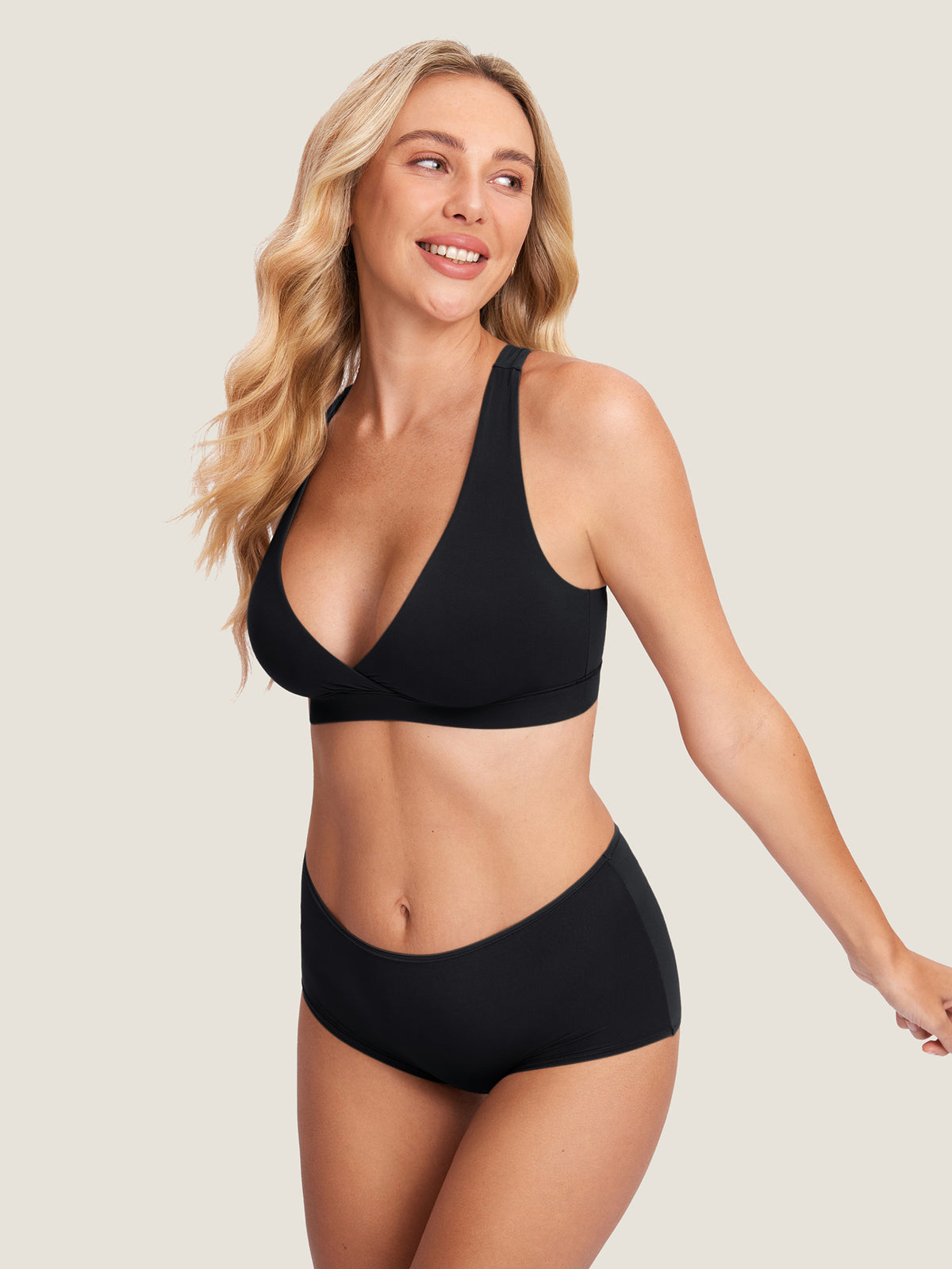 MOMANDA Women's Inbarely® Crossover Racerback Nursing Bra Black @model_info:YY4