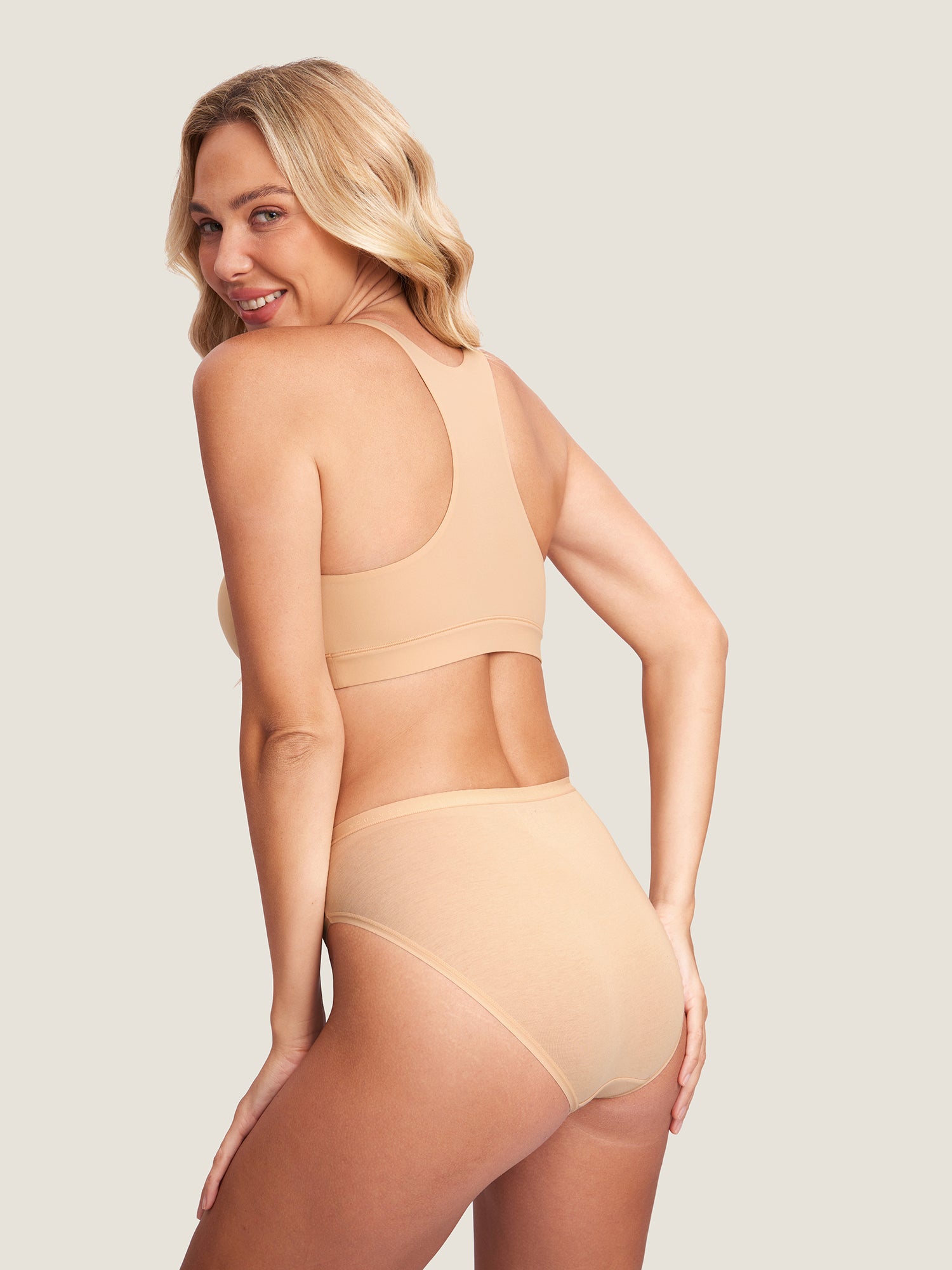 MOMANDA Women's Inbarely® Crossover Racerback Nursing Bra Warm Beige @model_info:YY2