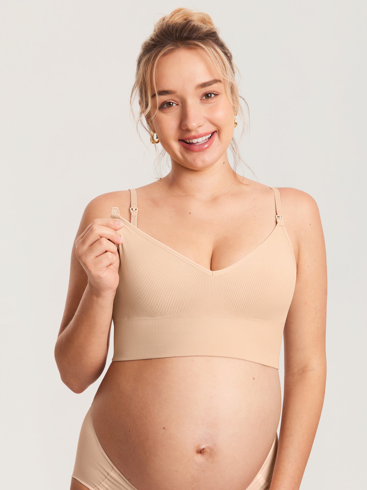 Ribbed V Neck Nursing Bralette Beige