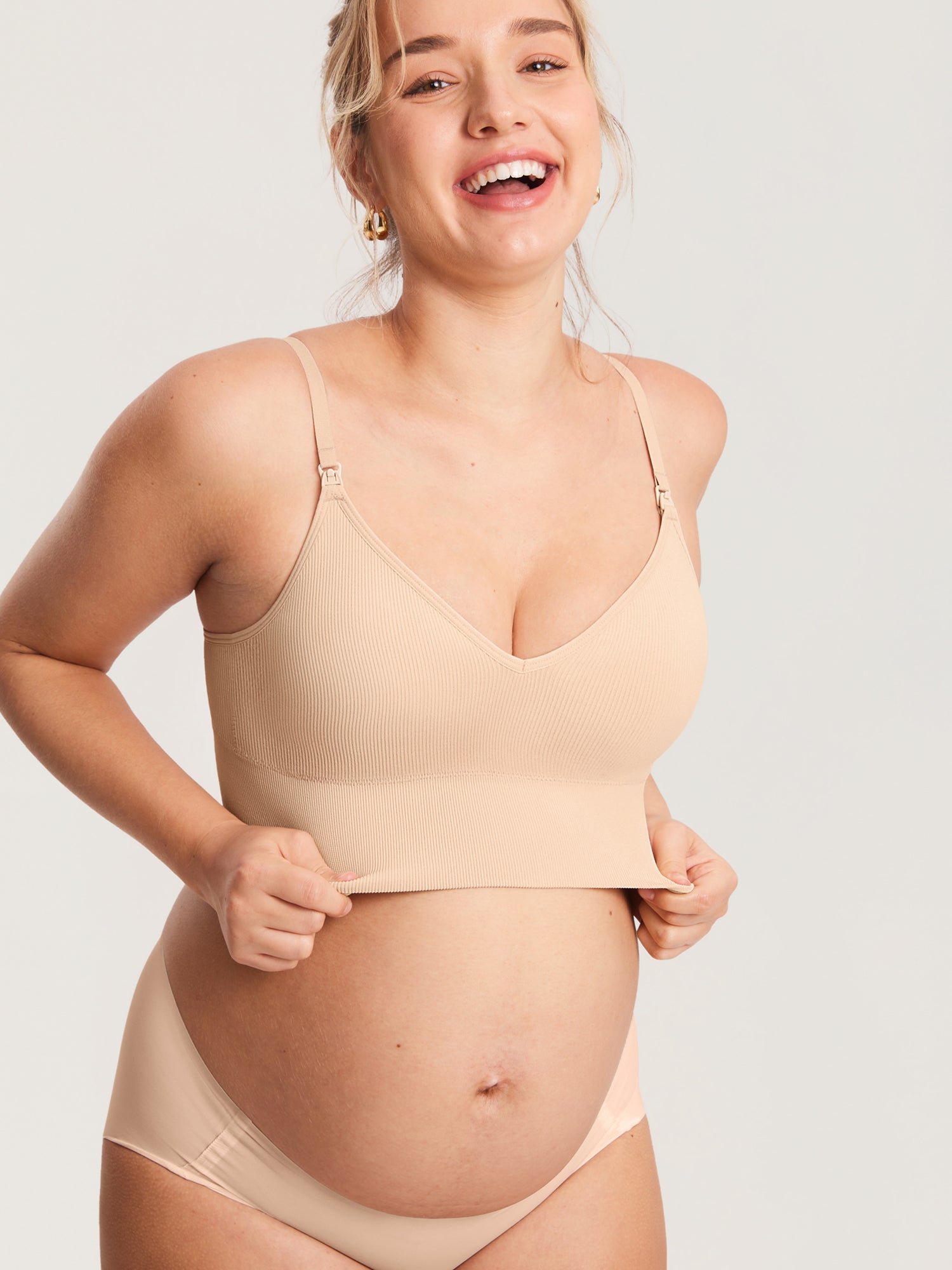 Ribbed V Neck Nursing Bralette Beige