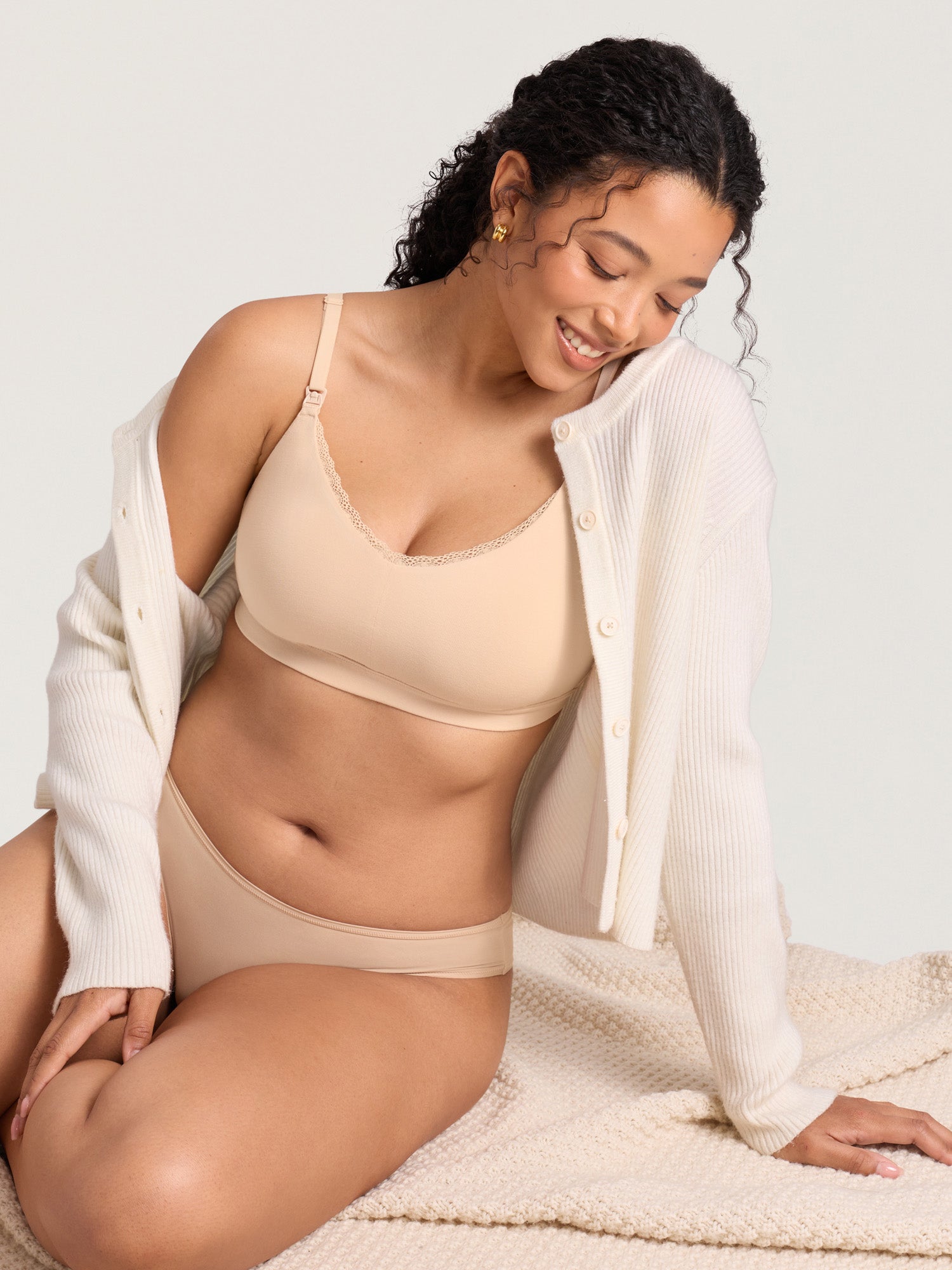Cotton Lace Trim Nursing Bralette Beige