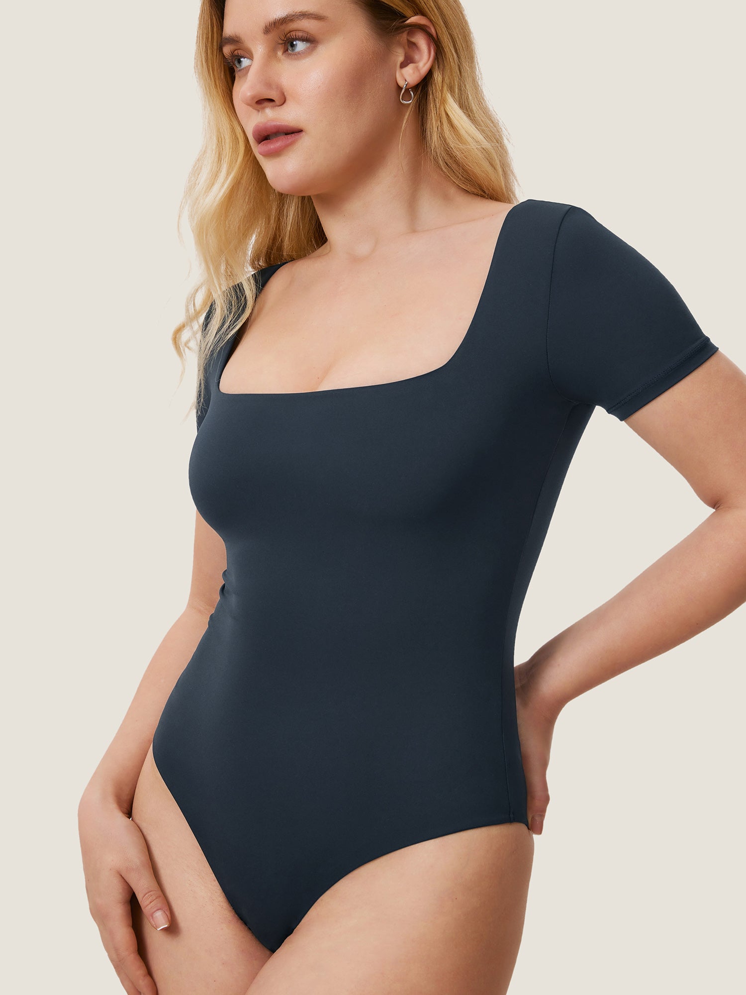 Inbarely® Square Neck Short Sleeve Bodysuit True Navy