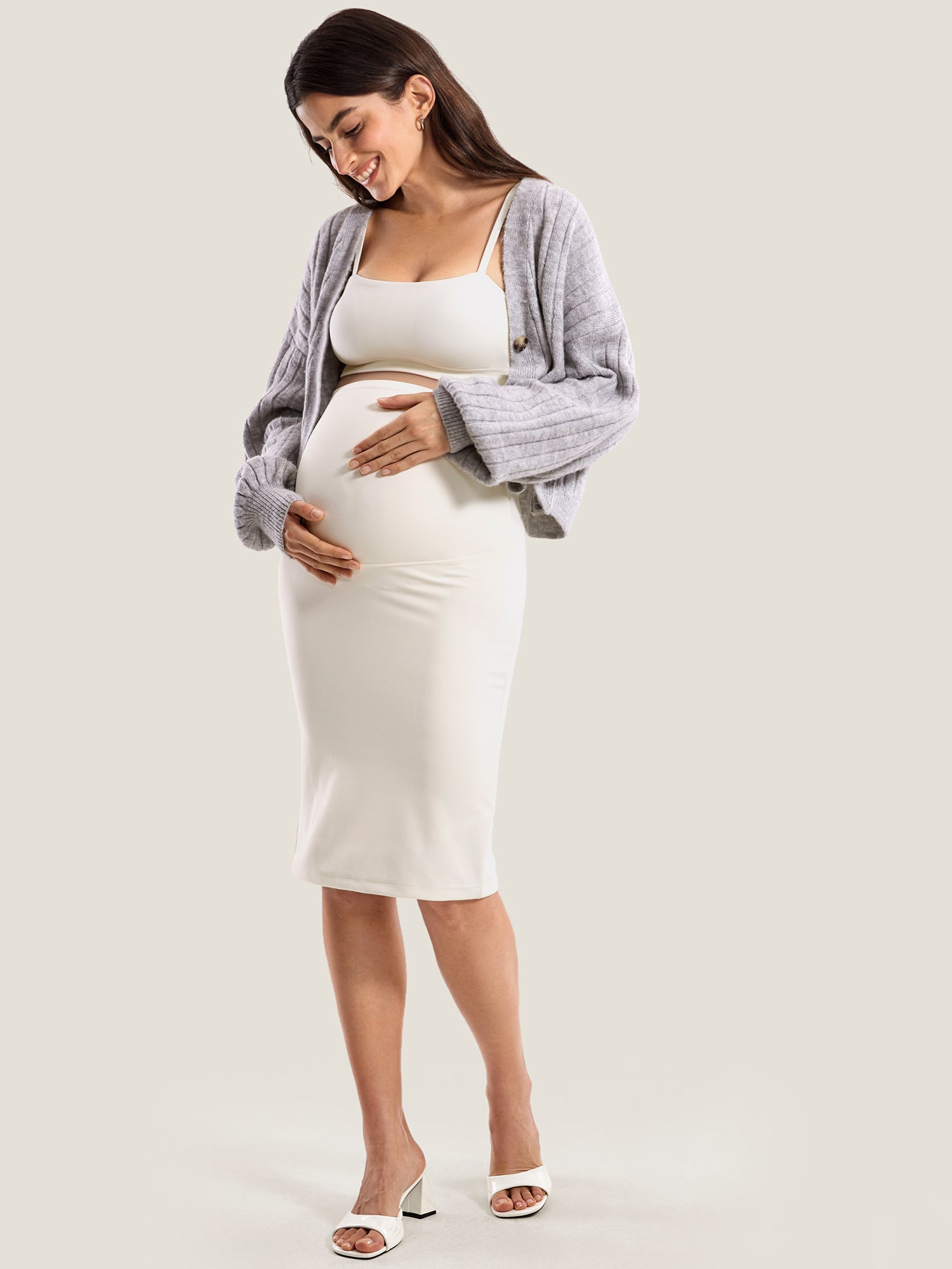 Natrelax® Maternity High Waisted Midi Skirts White Apricot