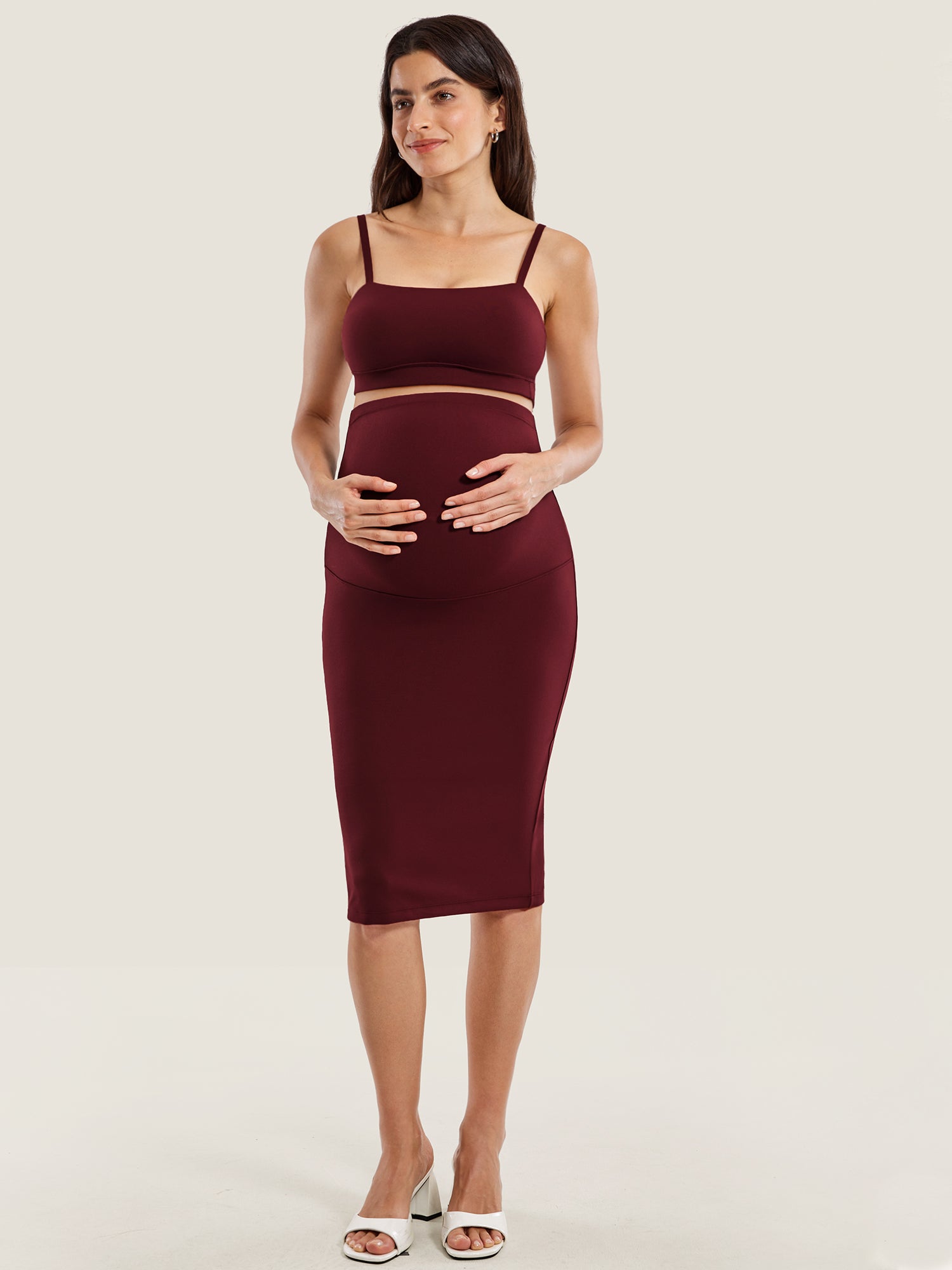 Natrelax® Maternity High Waisted Midi Skirts Red Merlot