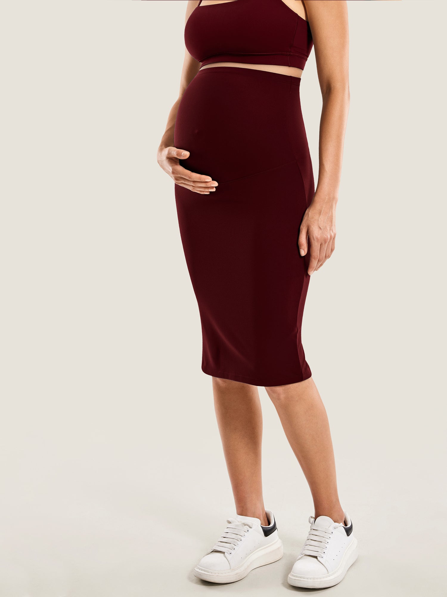 Natrelax® Maternity High Waisted Midi Skirts Red Merlot