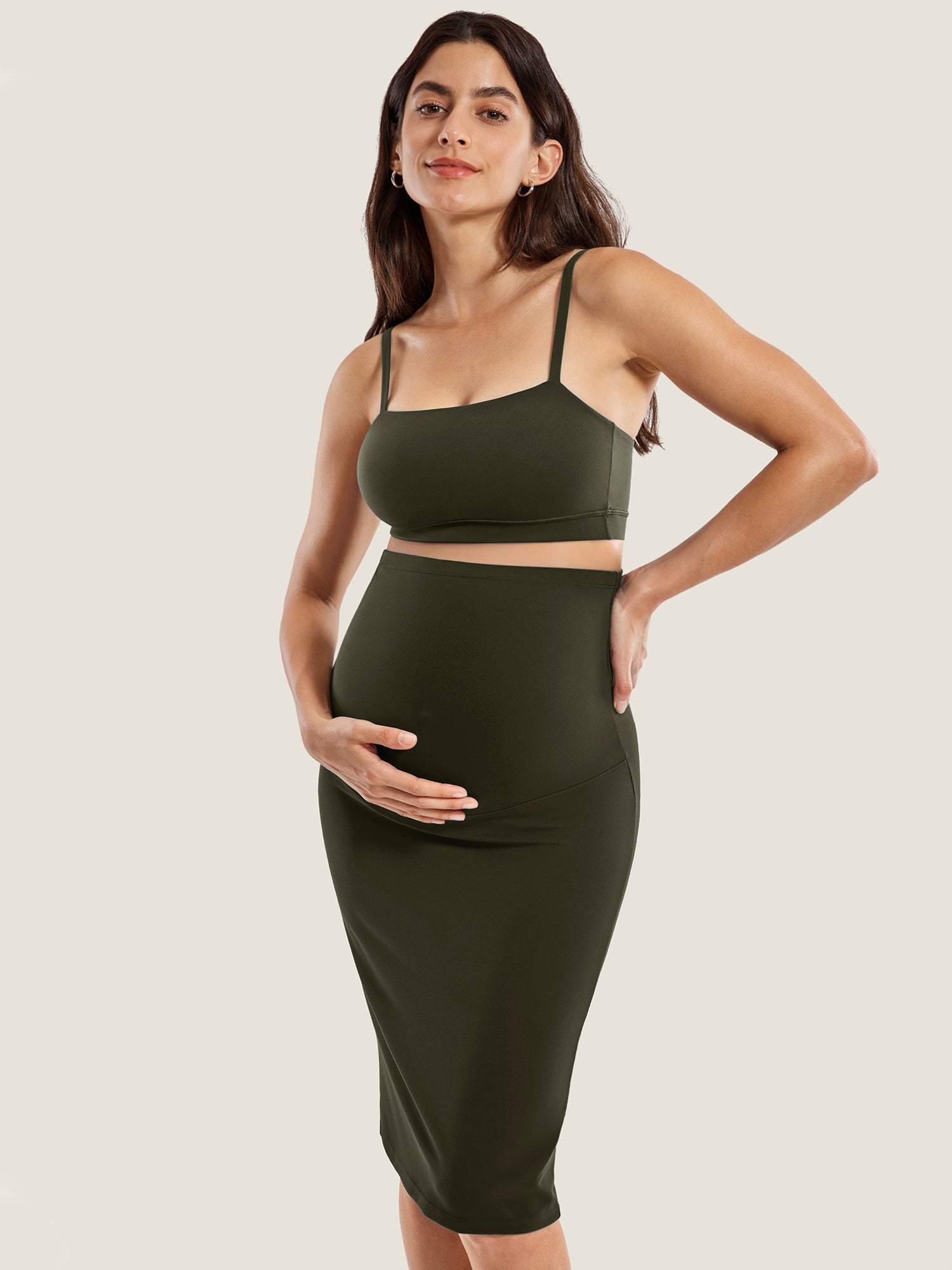 Natrelax® Maternity High Waisted Midi Skirts Olive Green
