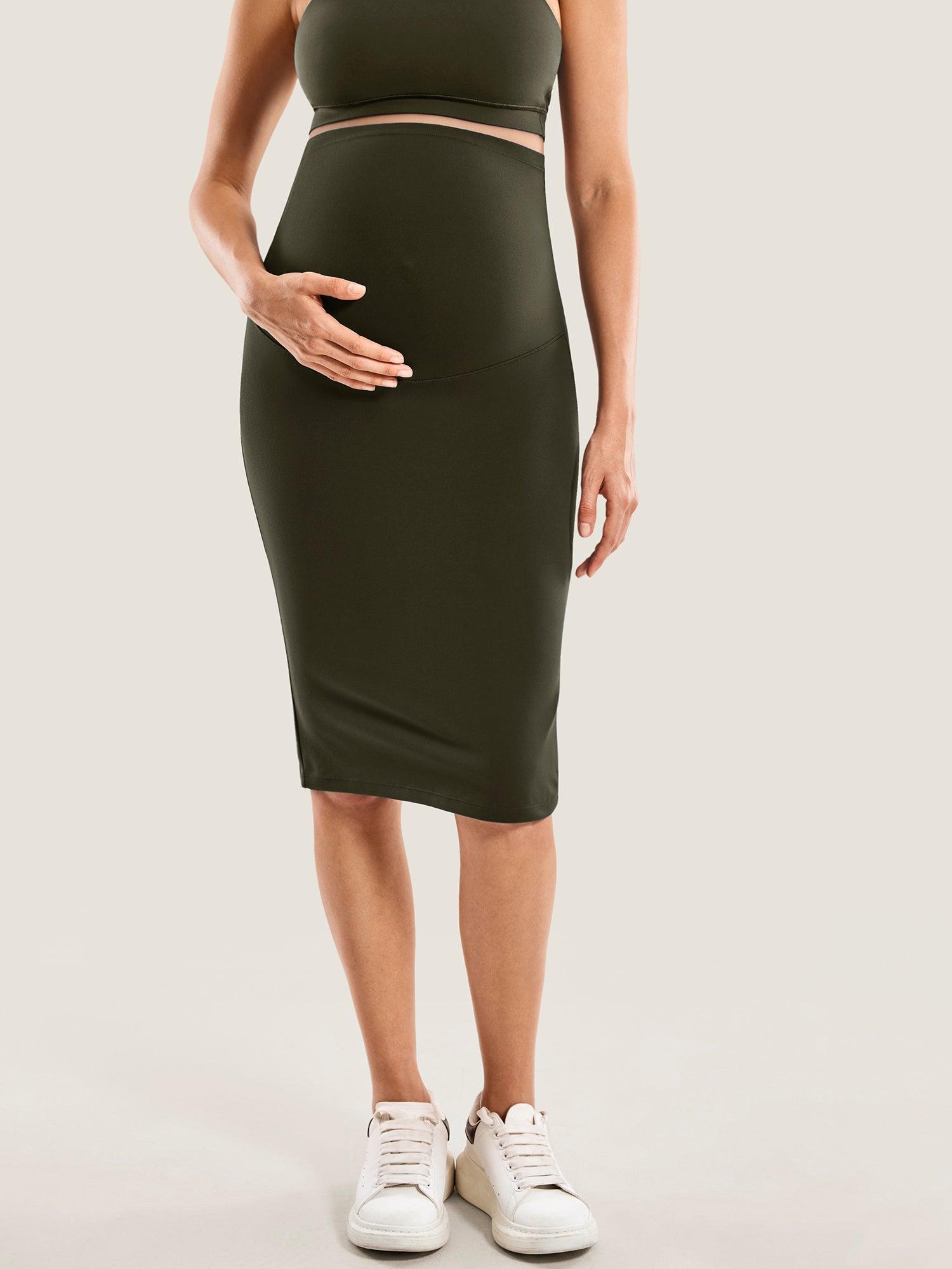 Natrelax® Maternity High Waisted Midi Skirts Olive Green