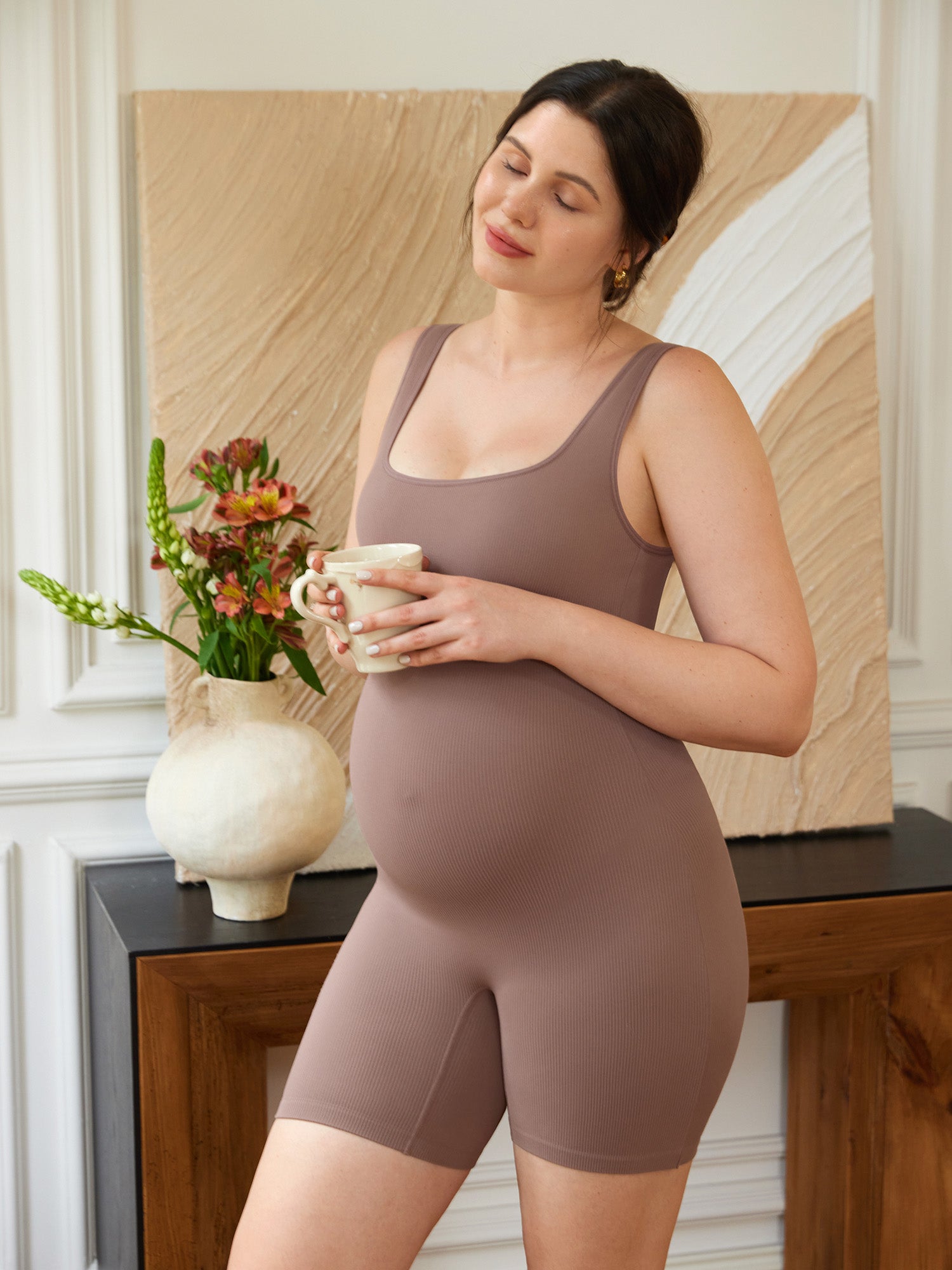 Ribbed Square Neck Maternity Romper Brown Purple