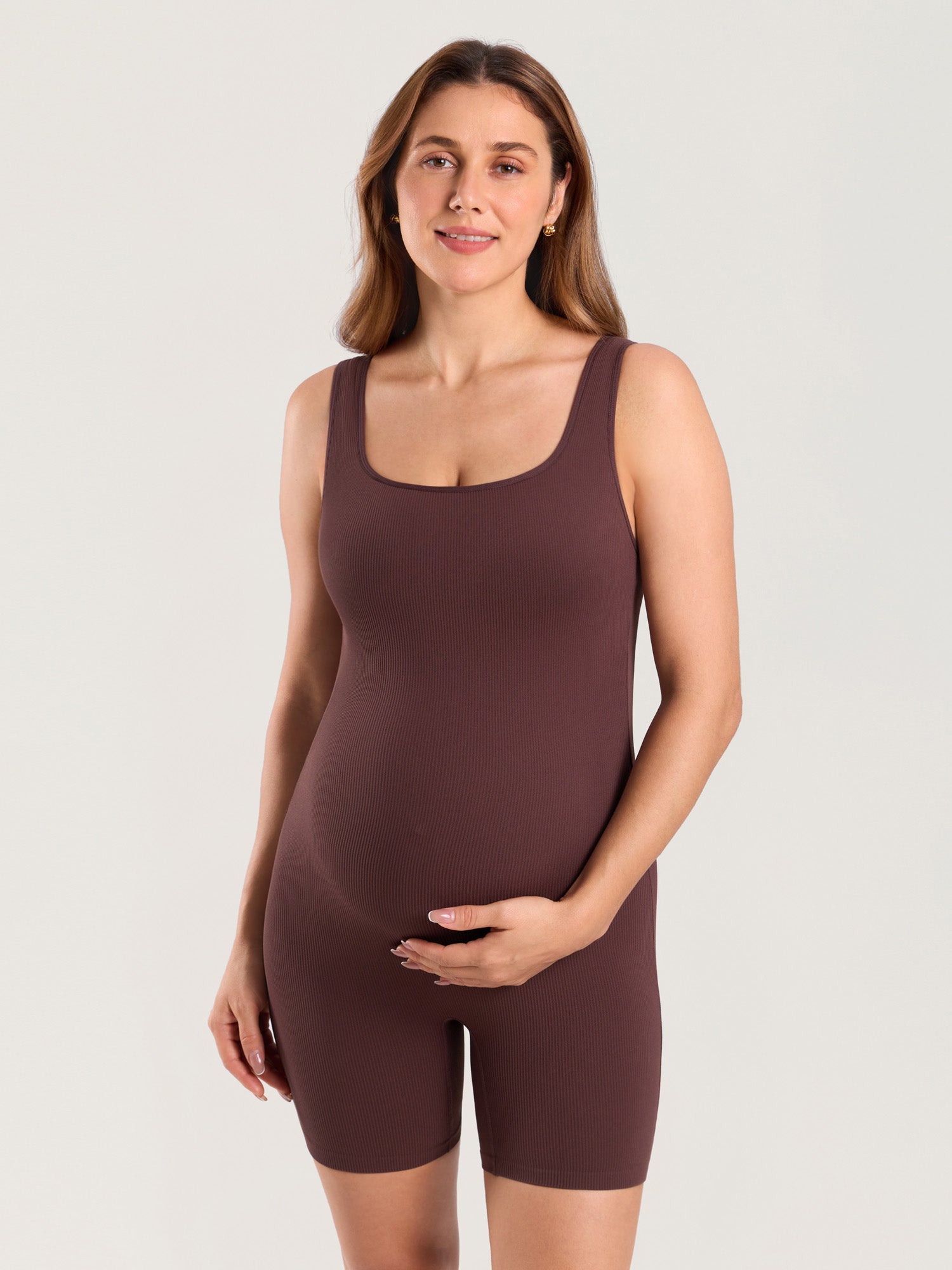Ribbed Square Neck Maternity Romper Hazelnut