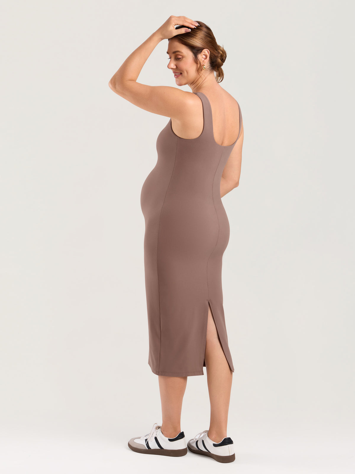 Natrelax® Bodycon Maternity Midi Dress - Back Slit Brown Purple