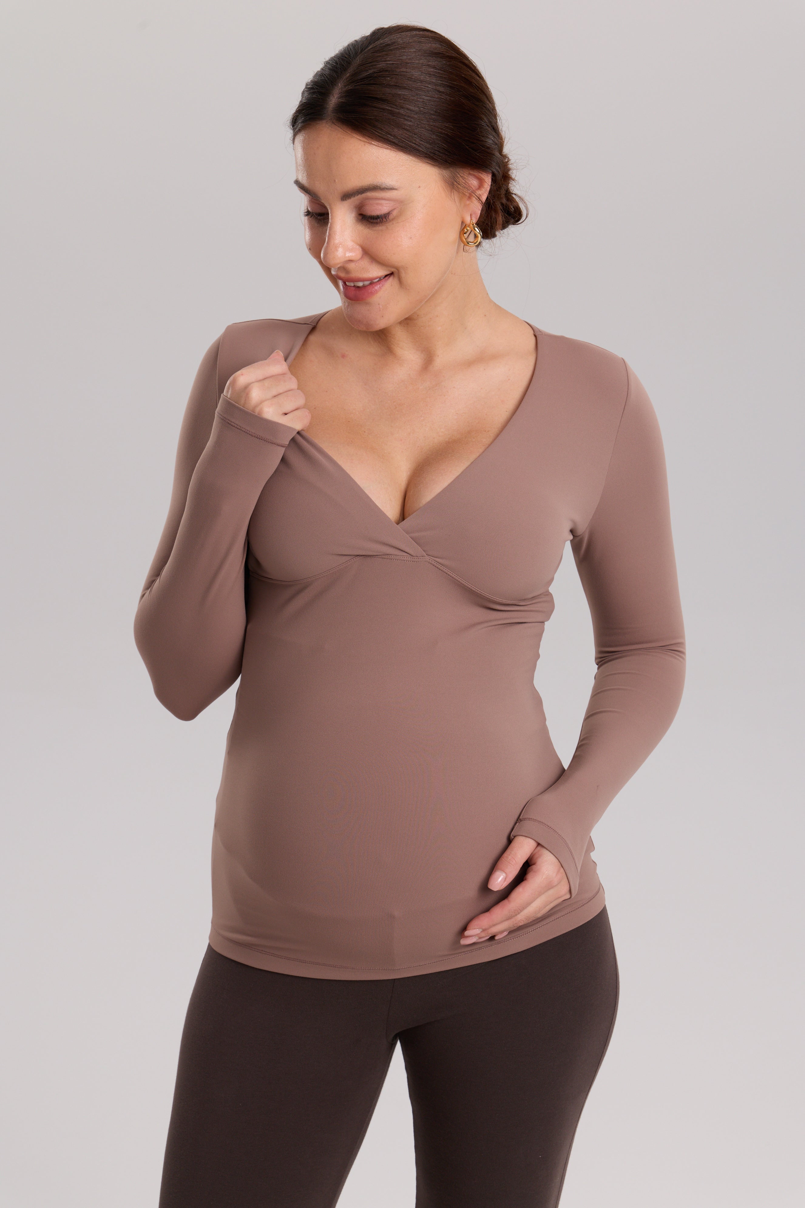 AirSoft Crossover Maternity & Nursing Top - Long Sleeves Brown Purple