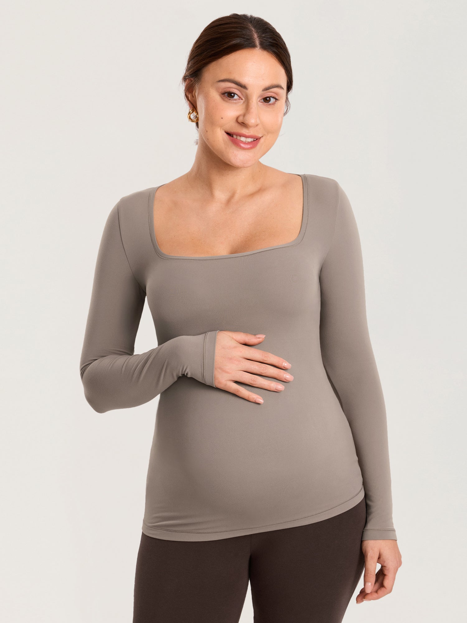 AirSoft Square Neck Maternity Top - Long Sleeves Khaki Taupe