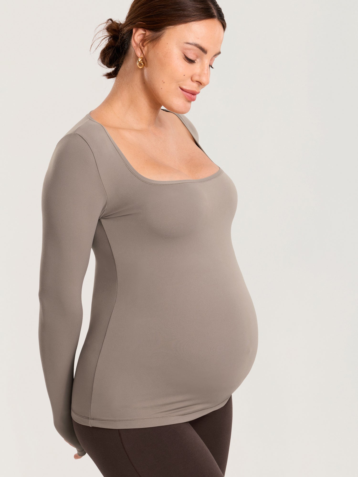 AirSoft Square Neck Maternity Top - Long Sleeves Khaki Taupe