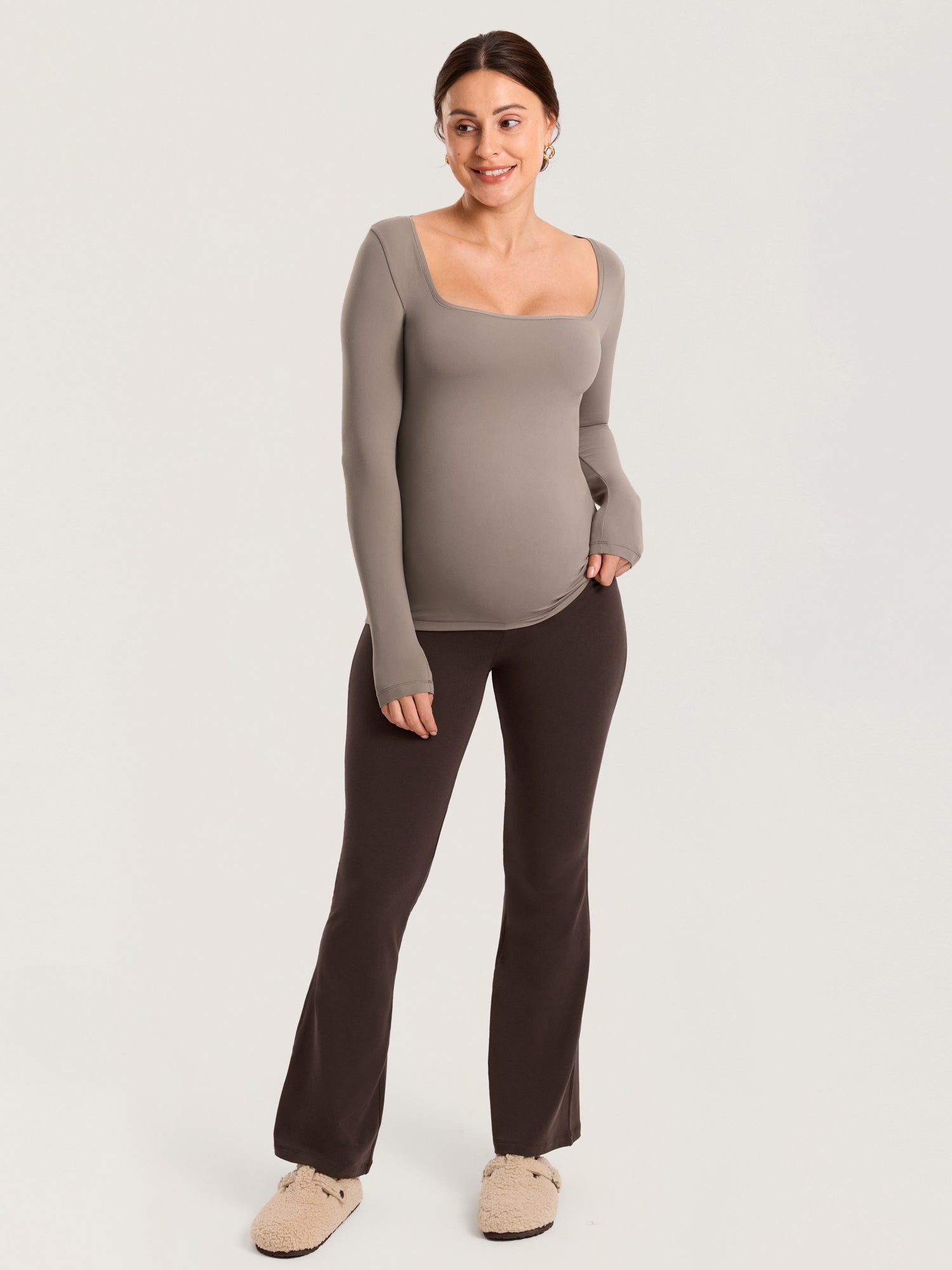 AirSoft Square Neck Maternity Top - Long Sleeves Khaki Taupe