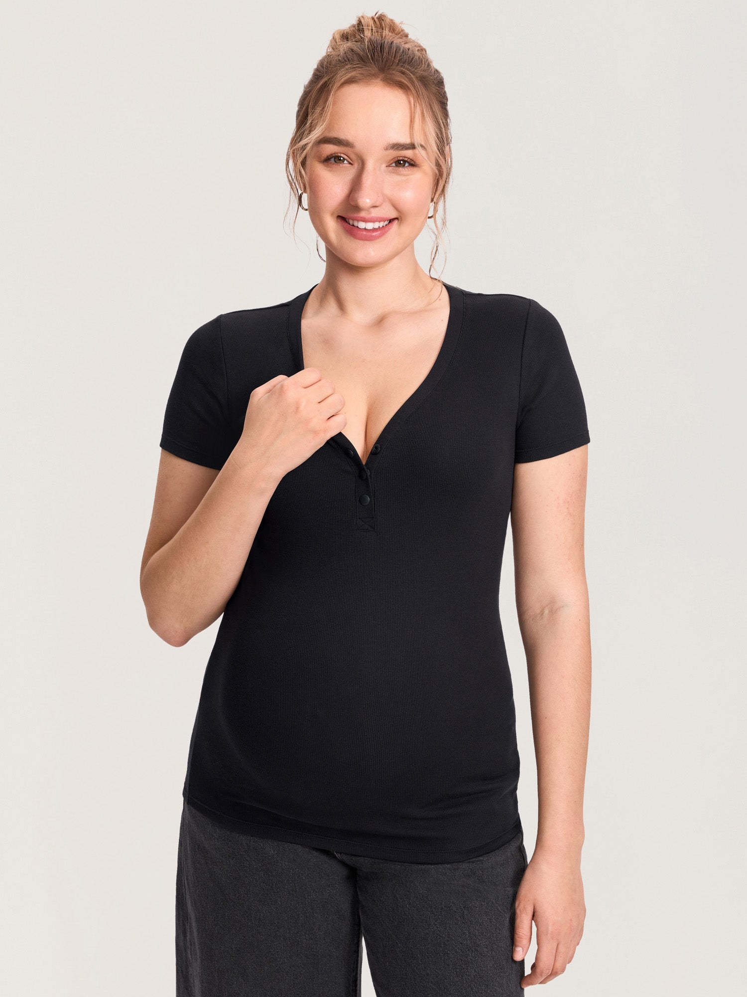 Cotton Rib Henley Maternity Short Sleeve Shirts Black