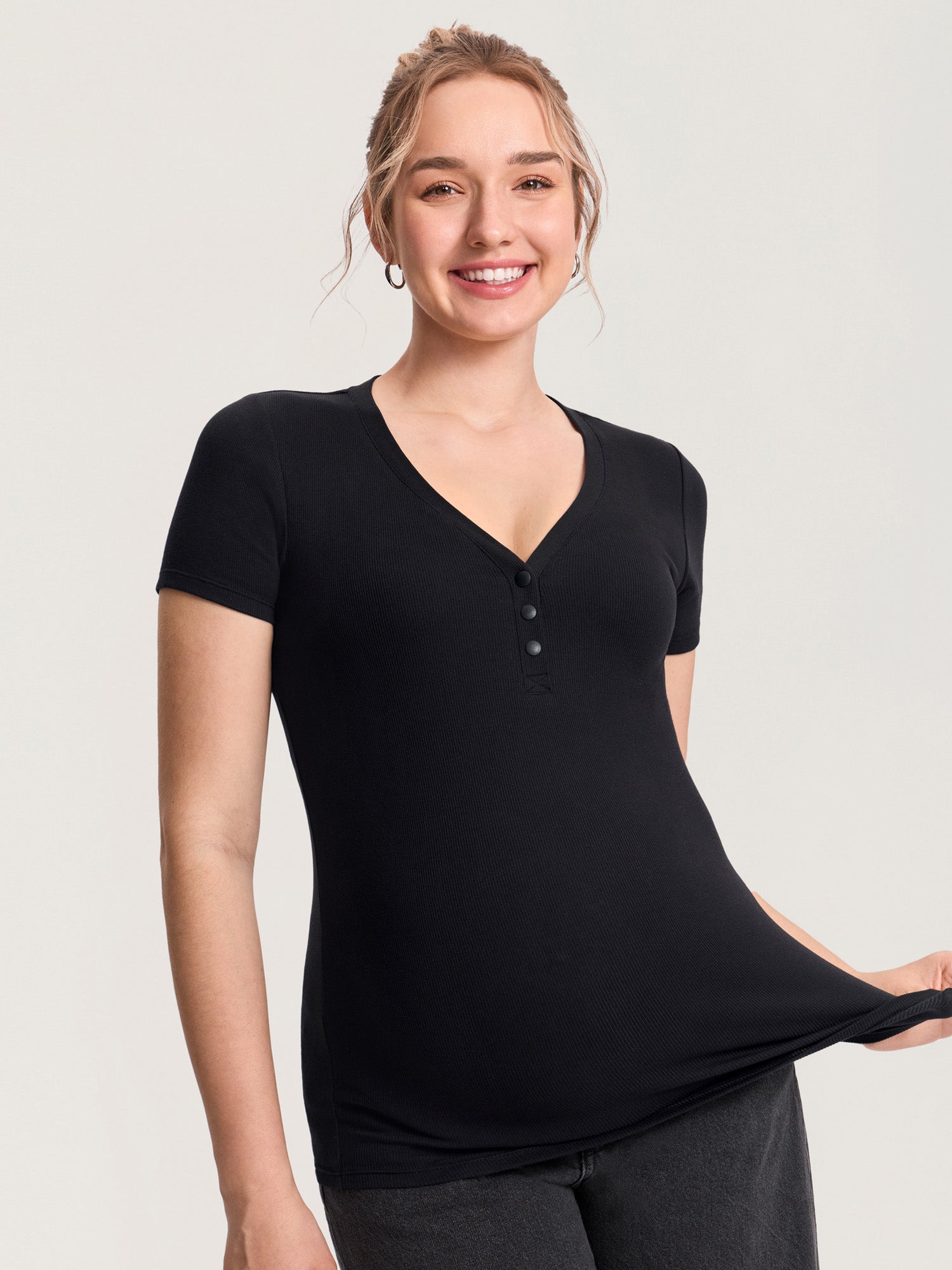 Cotton Rib Henley Maternity Short Sleeve Shirts Black
