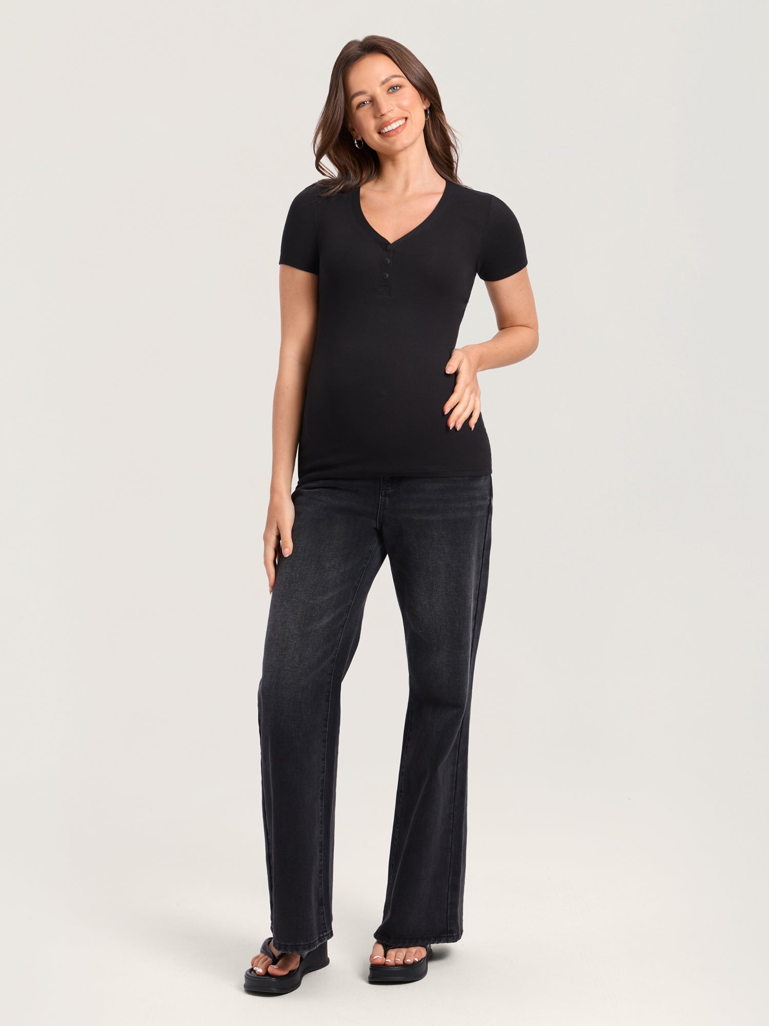Cotton Rib Henley Maternity Short Sleeve Shirts Black