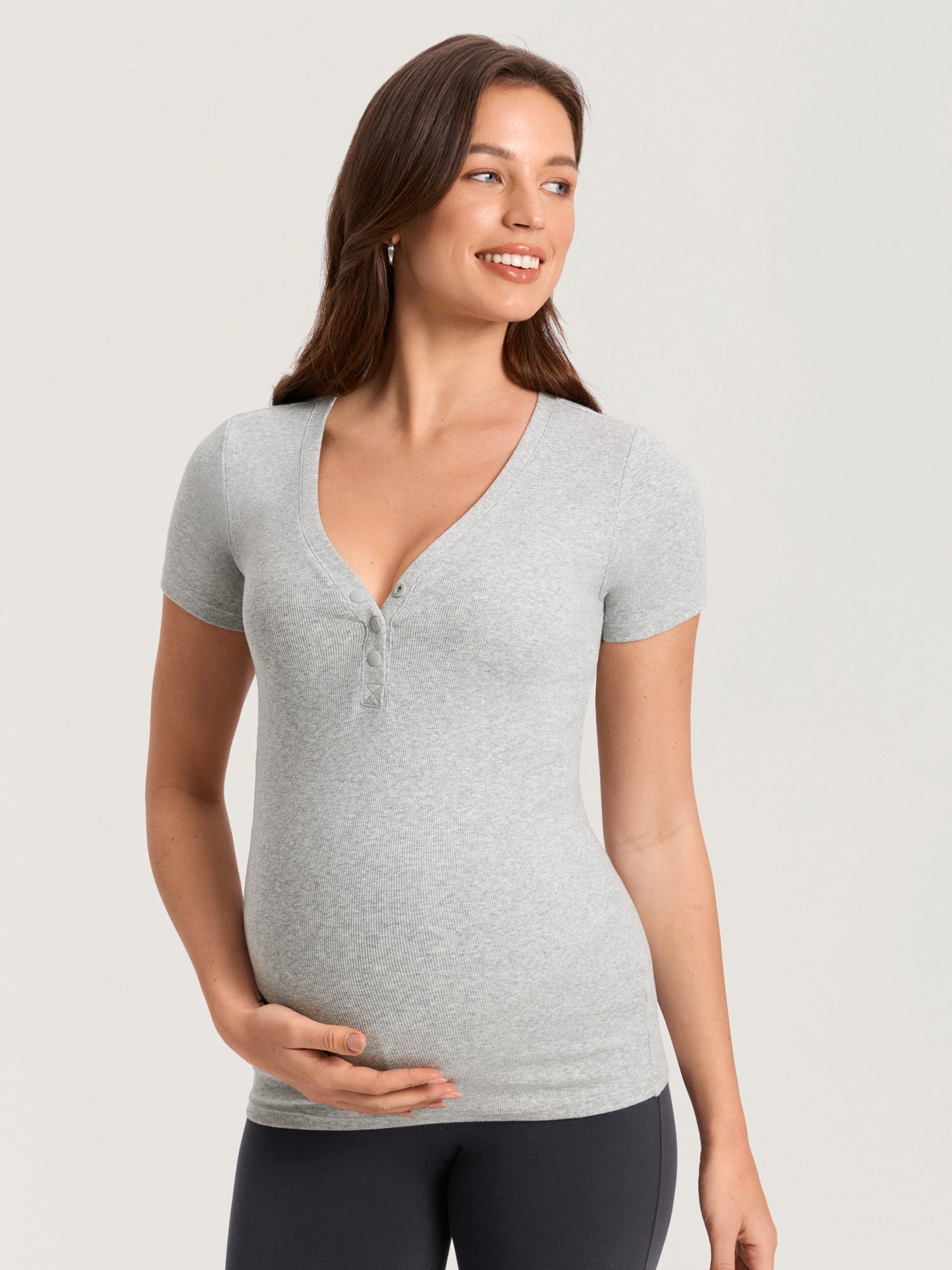 Cotton Rib Henley Maternity Short Sleeve Shirts Classic Heather