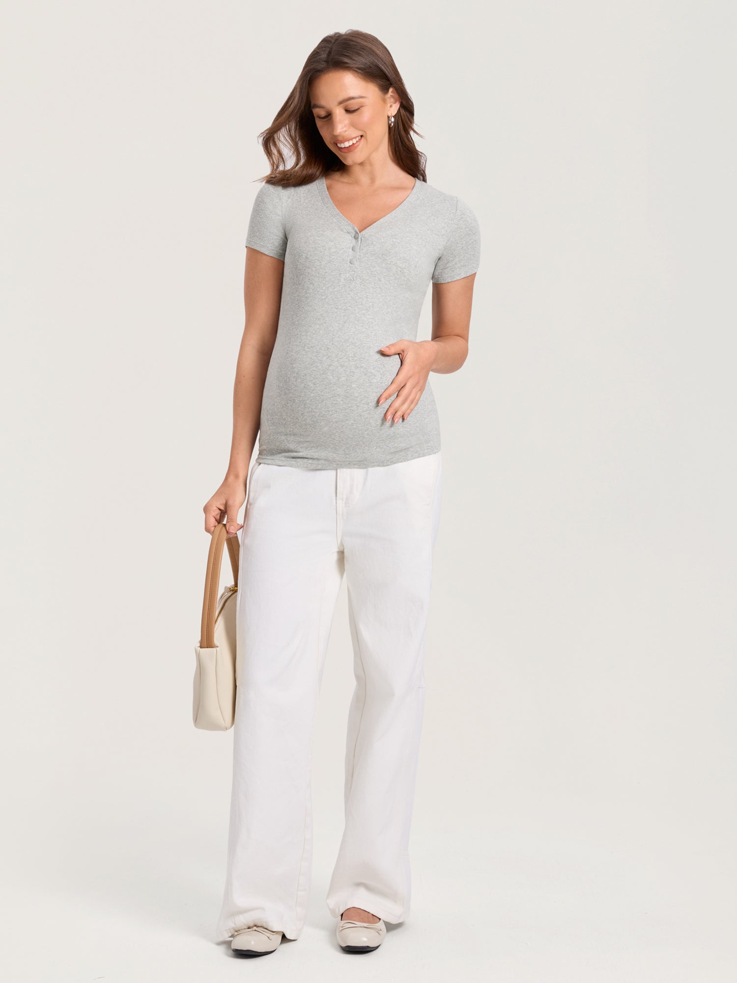 Cotton Rib Henley Maternity Short Sleeve Shirts Classic Heather