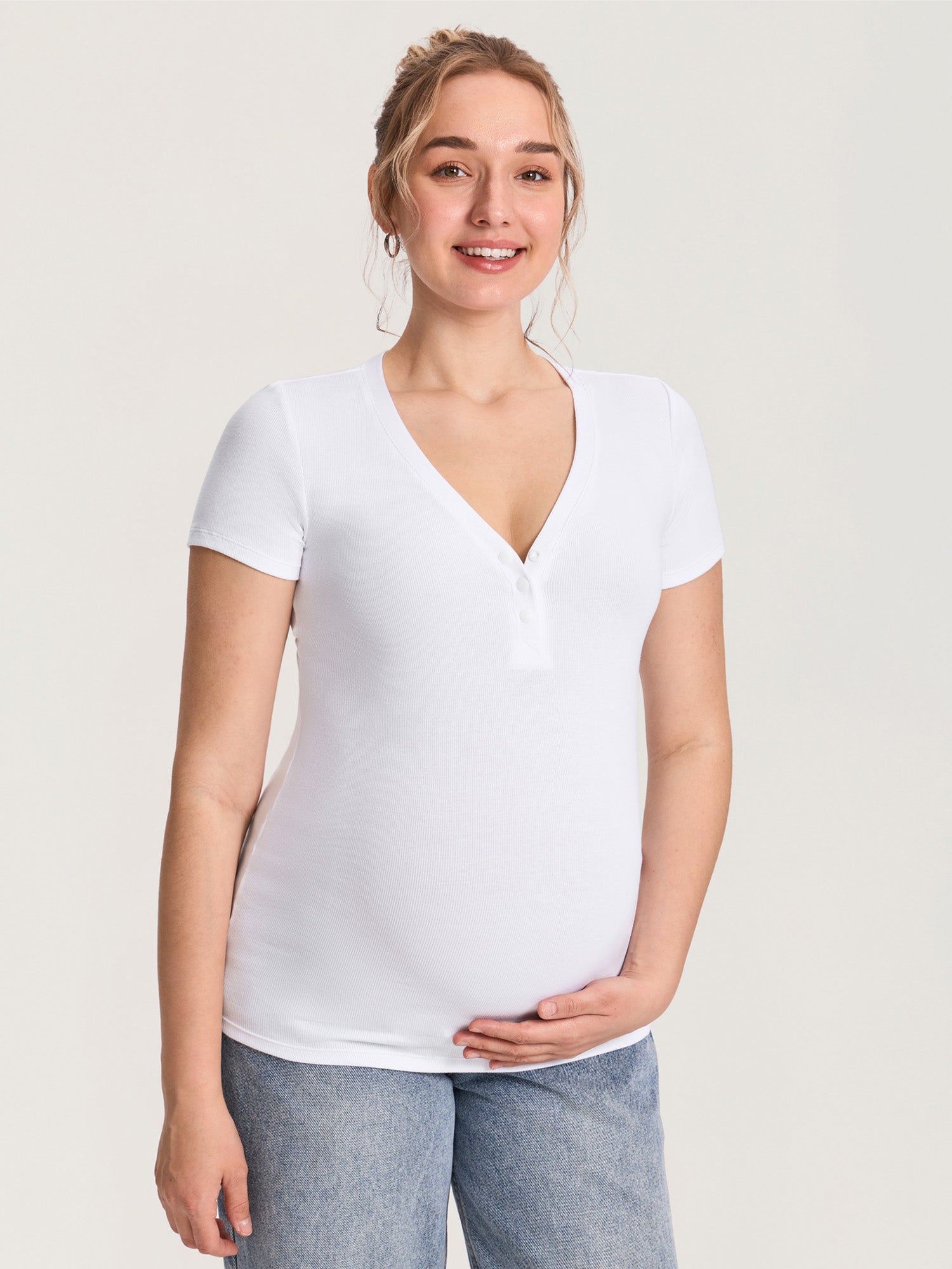 Cotton Rib Henley Maternity Short Sleeve Shirts White