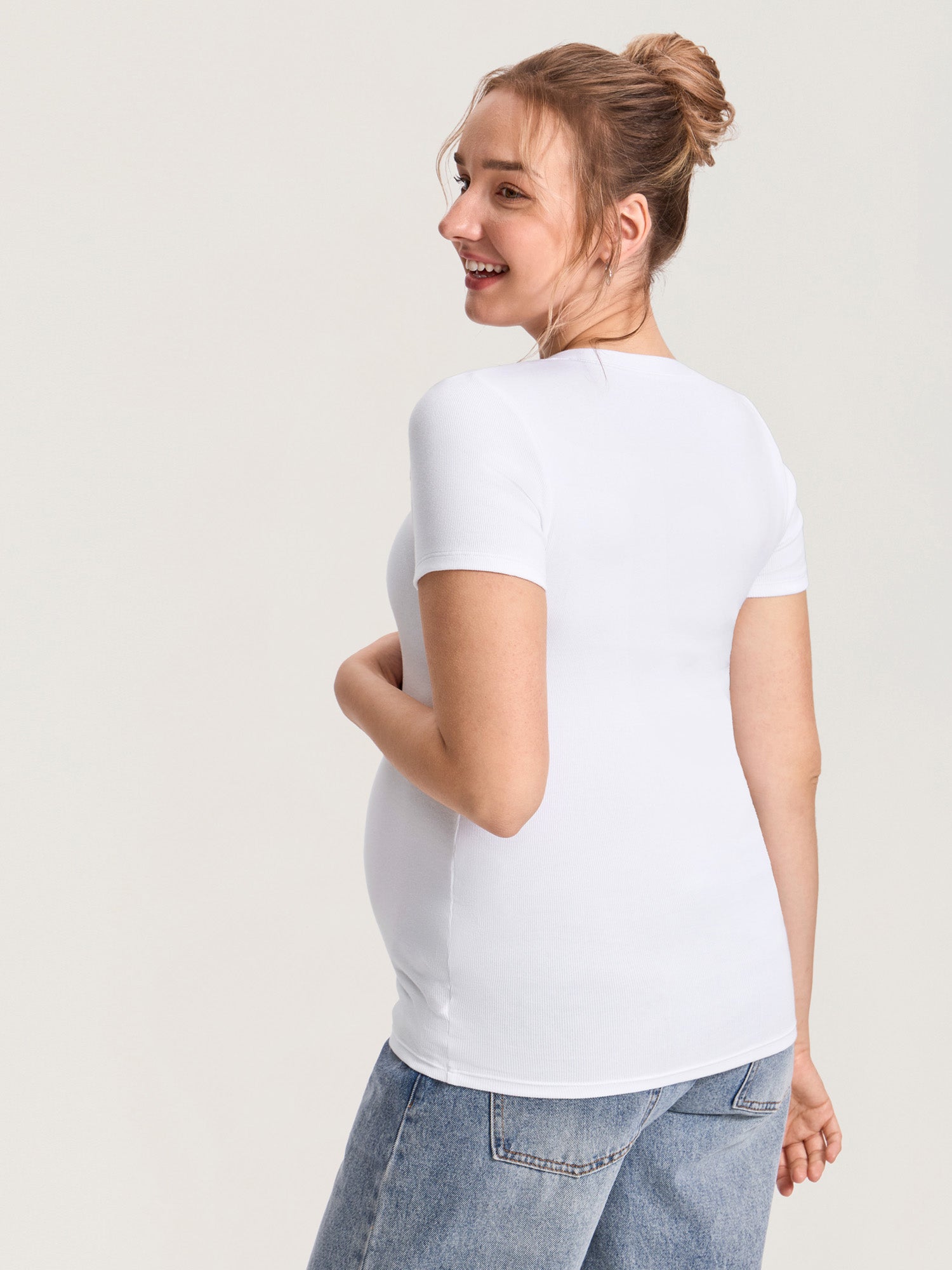 Cotton Rib Henley Maternity Short Sleeve Shirts White