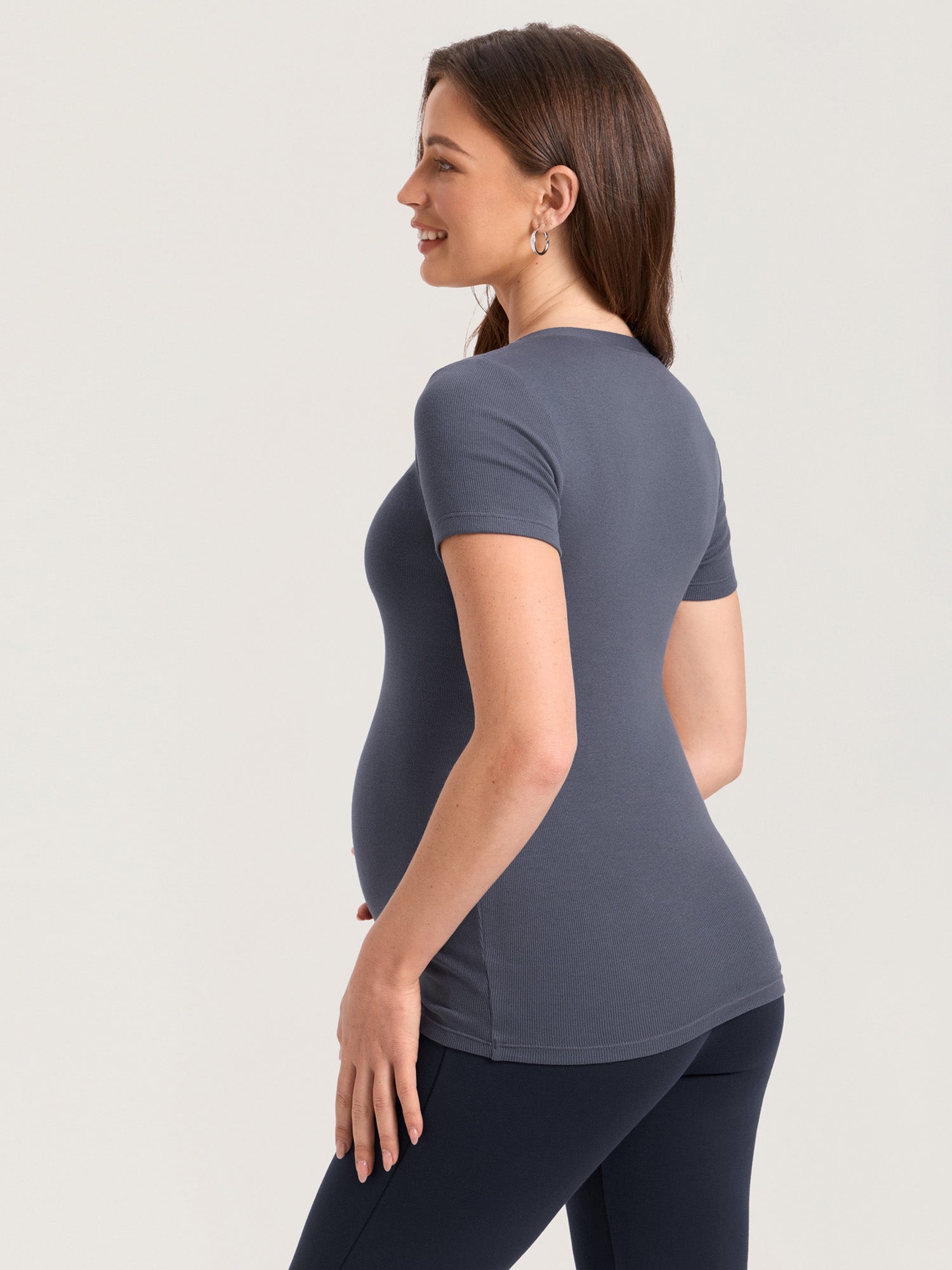 Cotton Rib Henley Maternity Short Sleeve Shirts Ash Navy