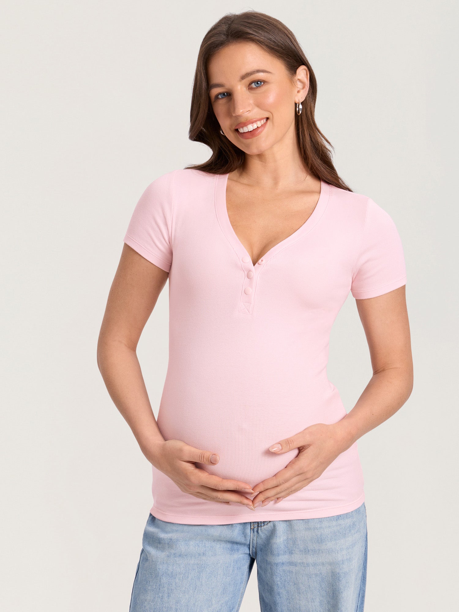 Cotton Rib Henley Maternity Short Sleeve Shirts Strawberry Pink