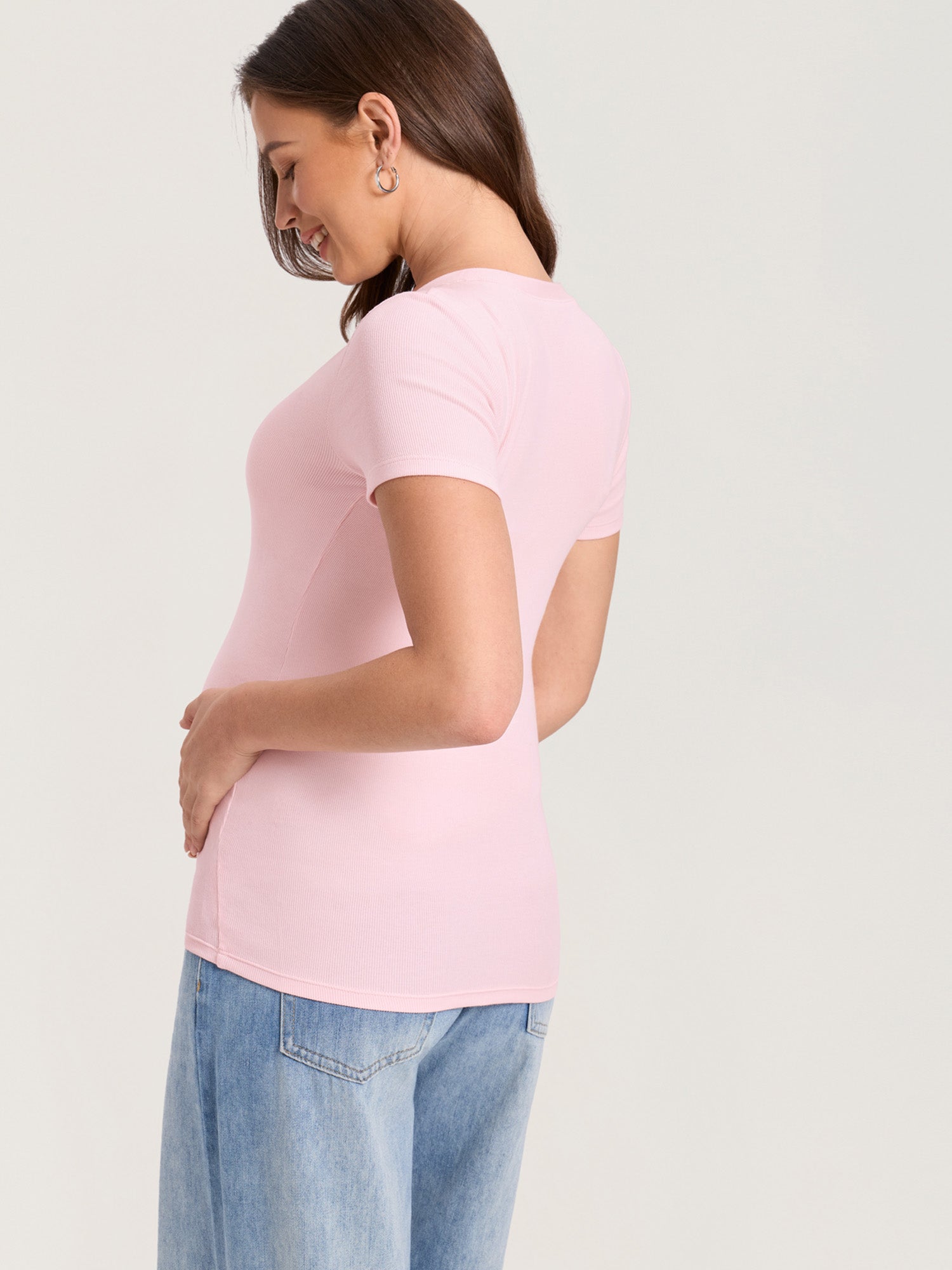 Cotton Rib Henley Maternity Short Sleeve Shirts Strawberry Pink