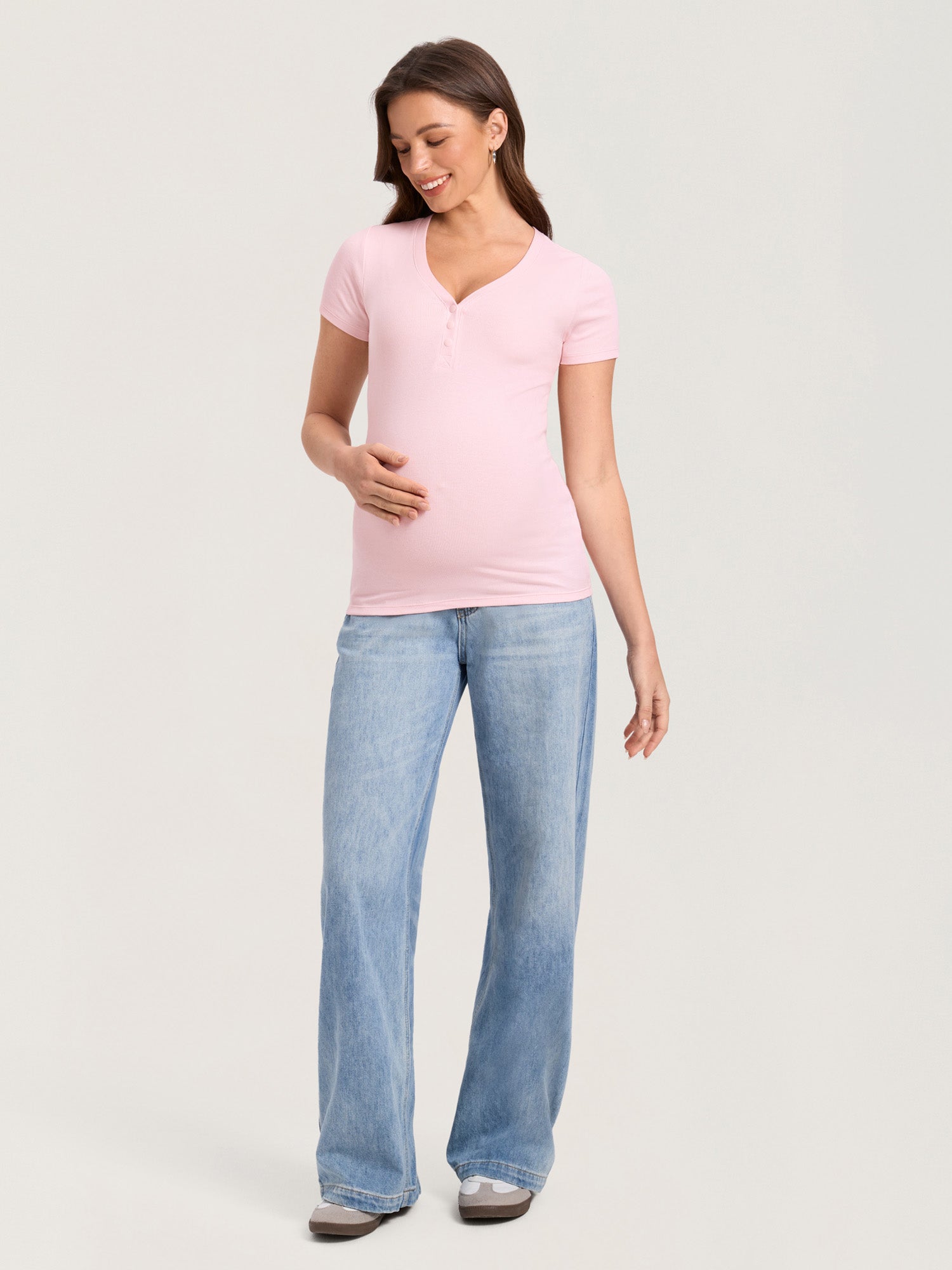 Cotton Rib Henley Maternity Short Sleeve Shirts Strawberry Pink