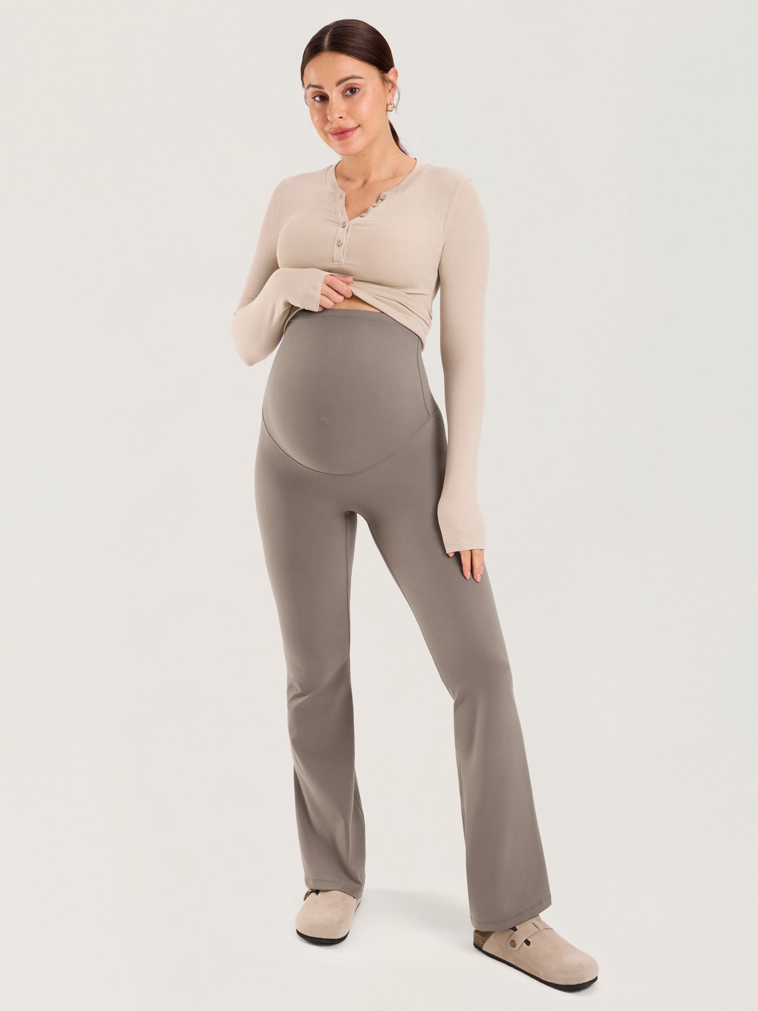 Natrelax® No Front Seam Maternity Flare Leggings 31.5" Khaki Taupe