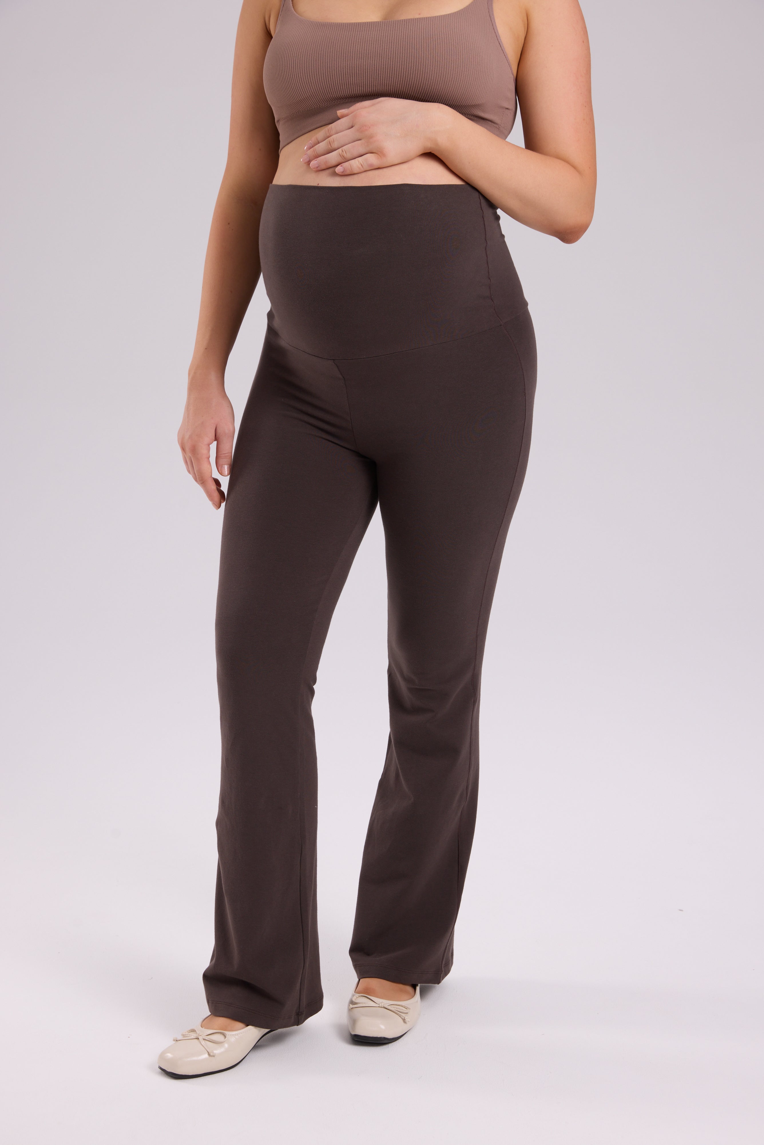 Cotton Foldover Maternity Flare Pants 30.5" Clay Brown