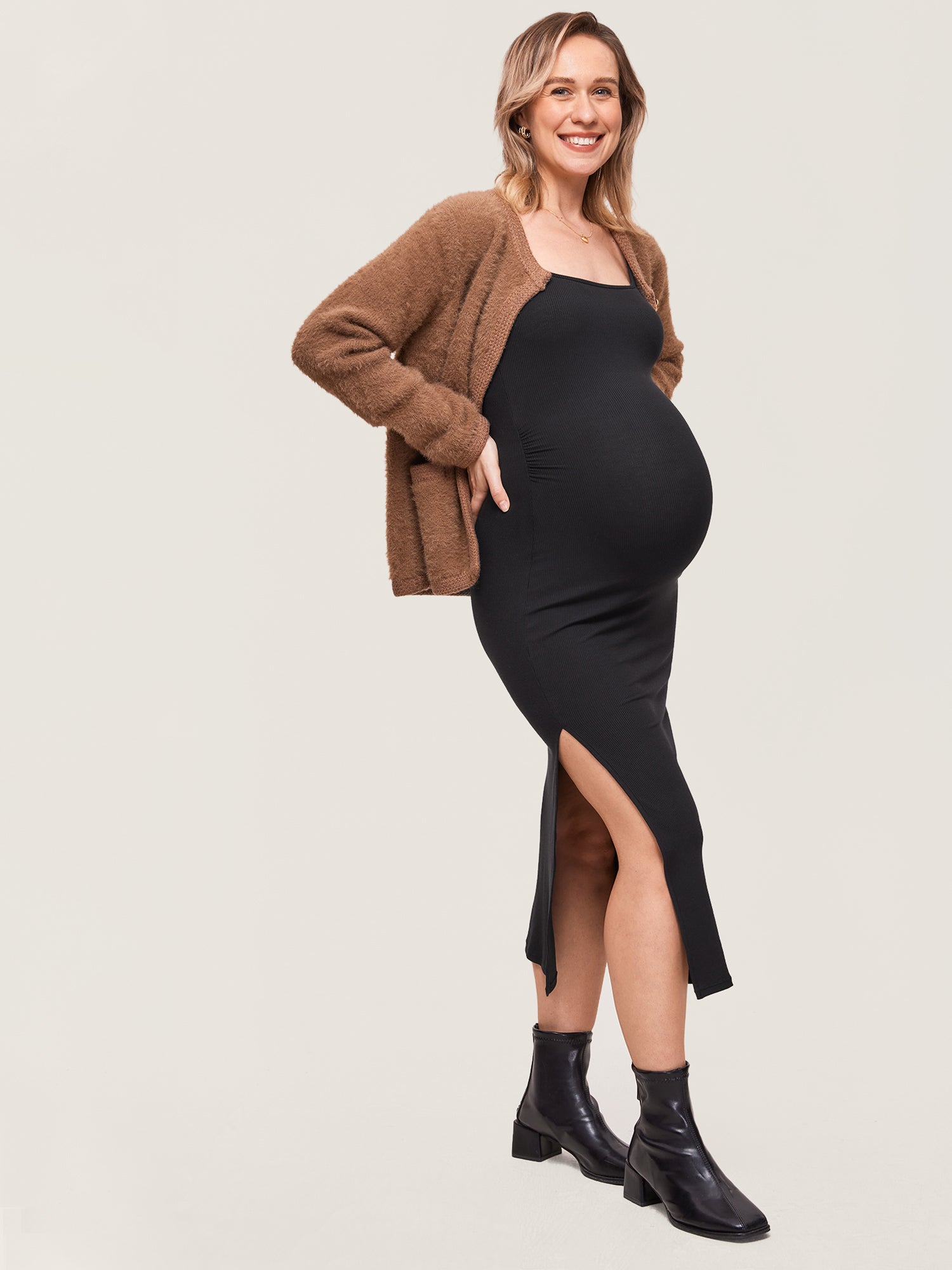 Square Neck Ribbed Maternity Dress Black