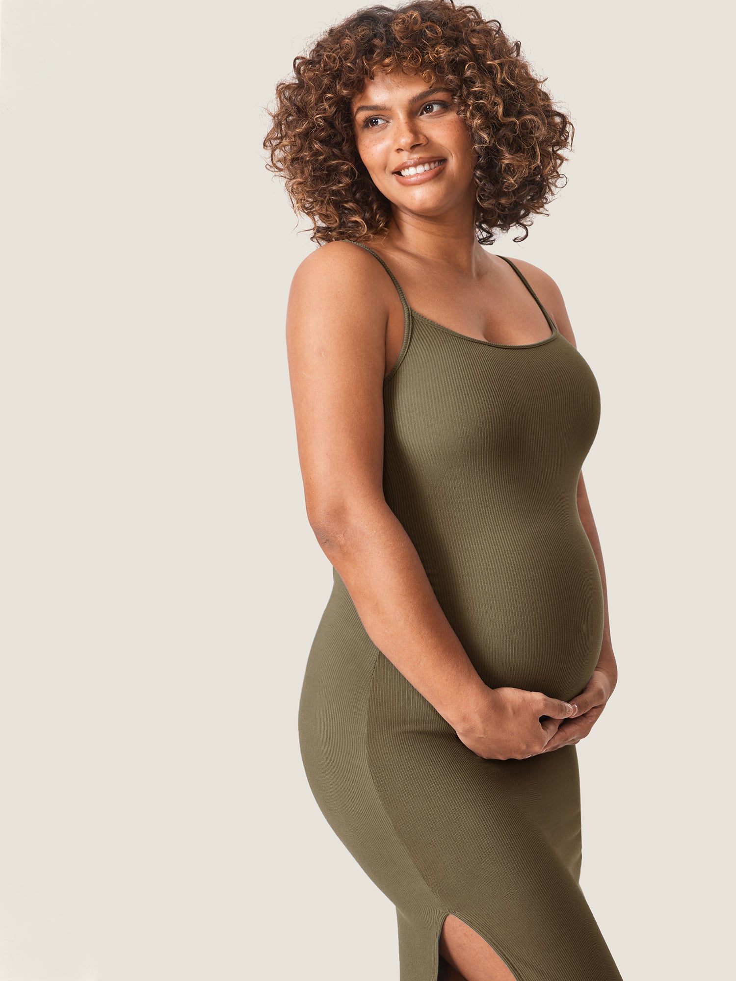 Square Neck Ribbed Maternity Dress Desert Olive