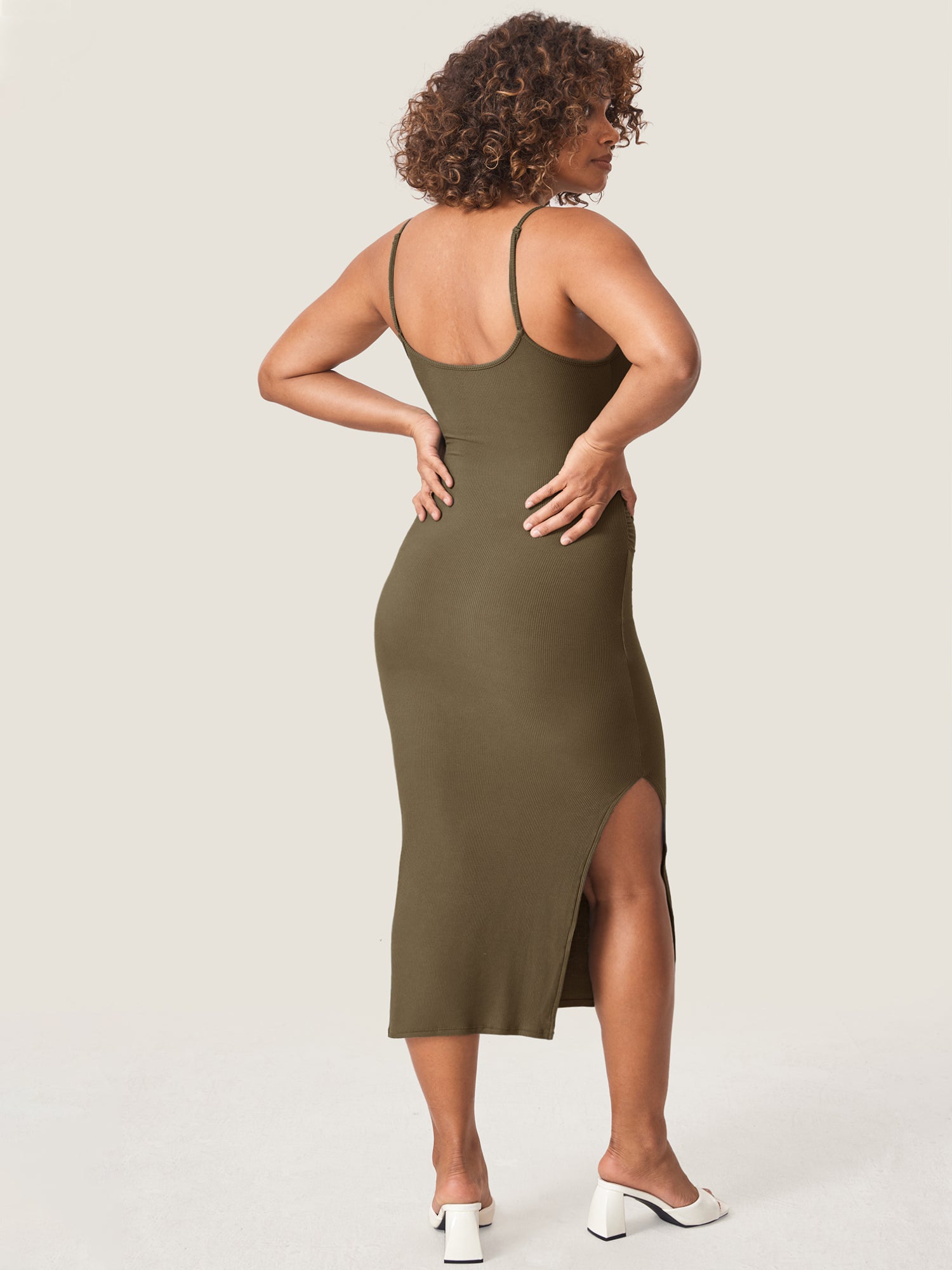 Square Neck Ribbed Maternity Dress Desert Olive