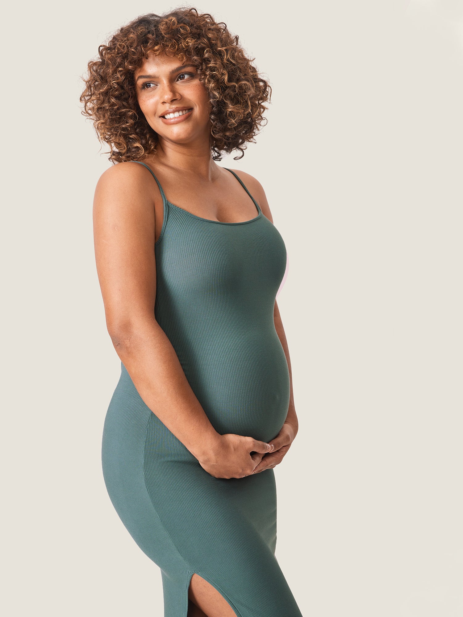 Square Neck Ribbed Maternity Dress Midnight Emerald