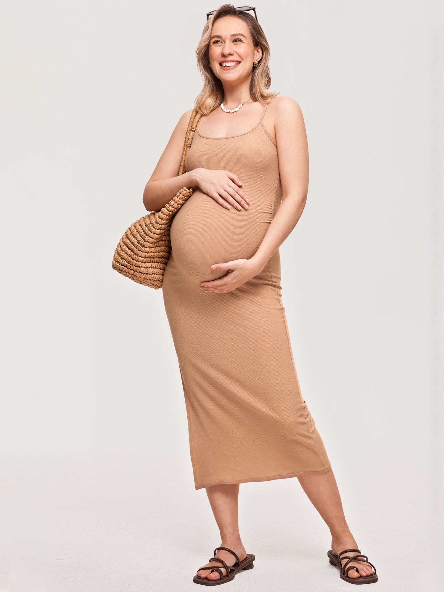 Square Neck Ribbed Maternity Dress / New Wheat / M Square Neck Ribbed Maternity Dress / New Wheat / M