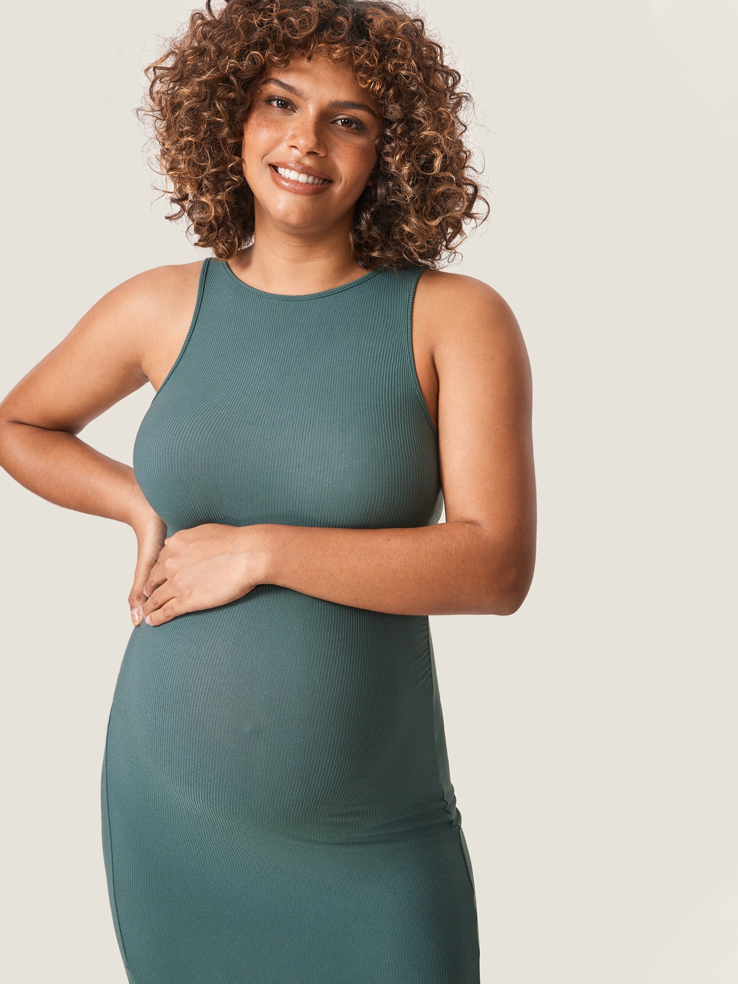 Halter Neck Ribbed Maternity Dress Midnight Emerald