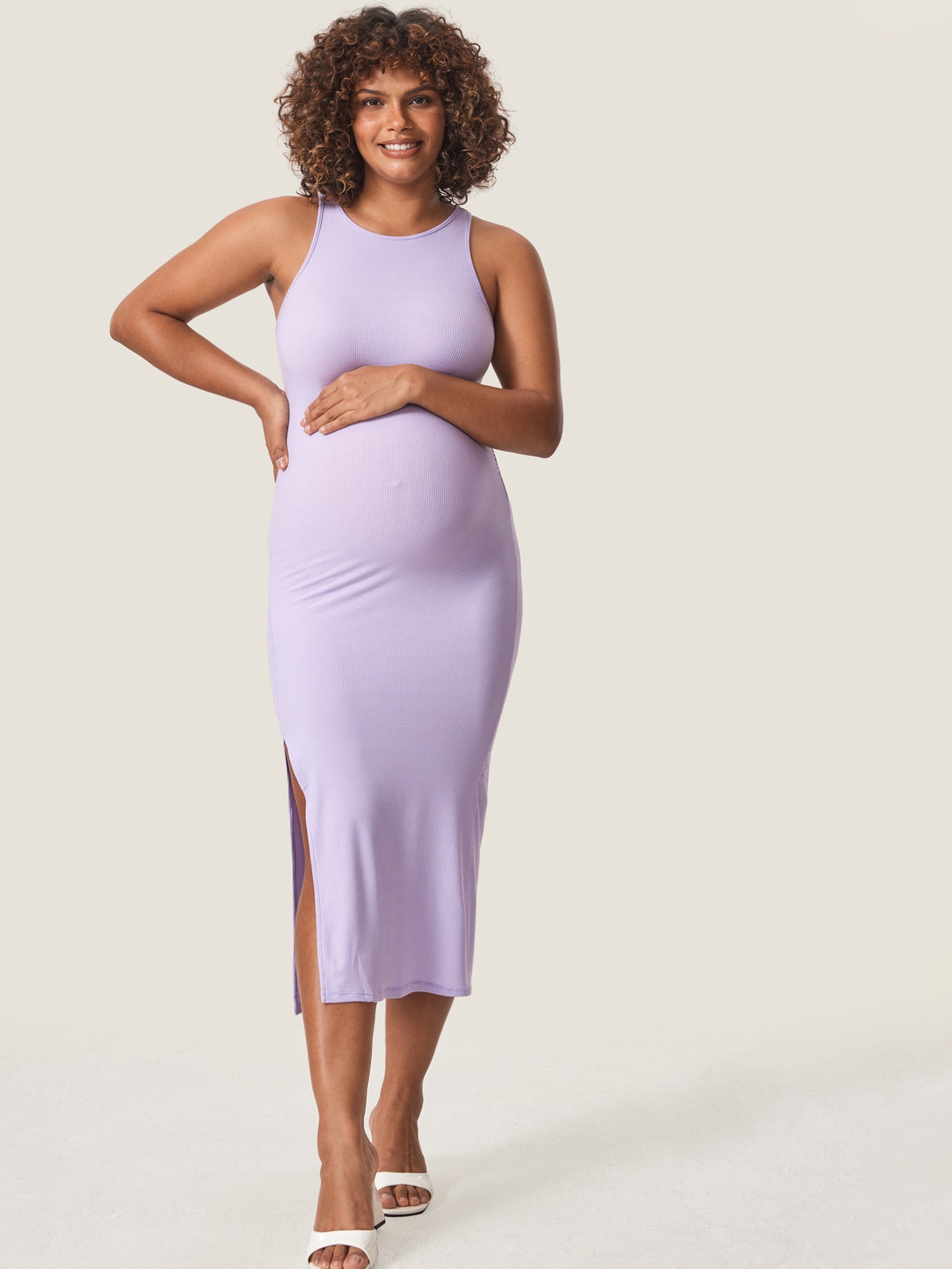Halter Neck Ribbed Maternity Dress Dreamy Purple