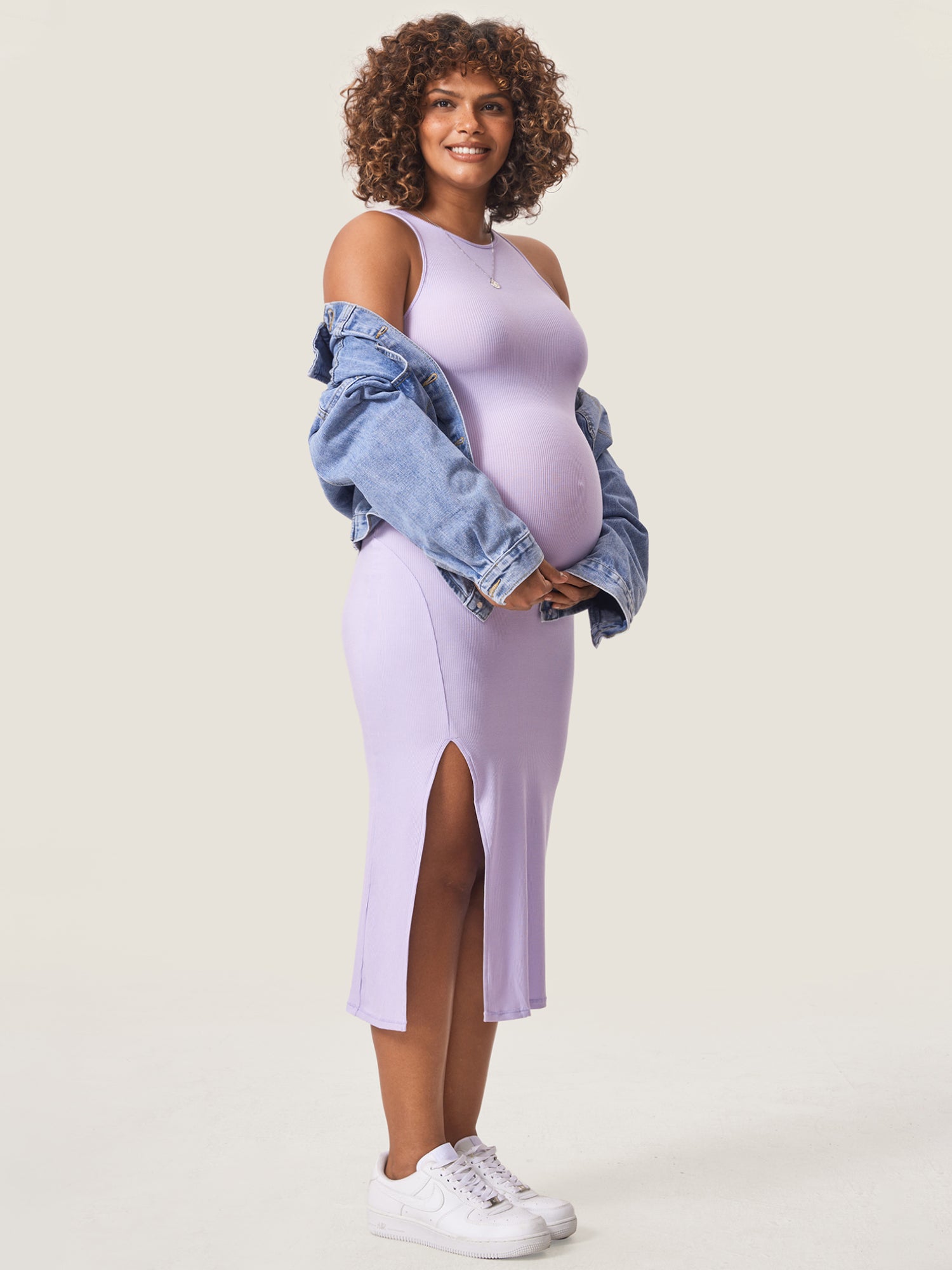 Halter Neck Ribbed Maternity Dress Dreamy Purple