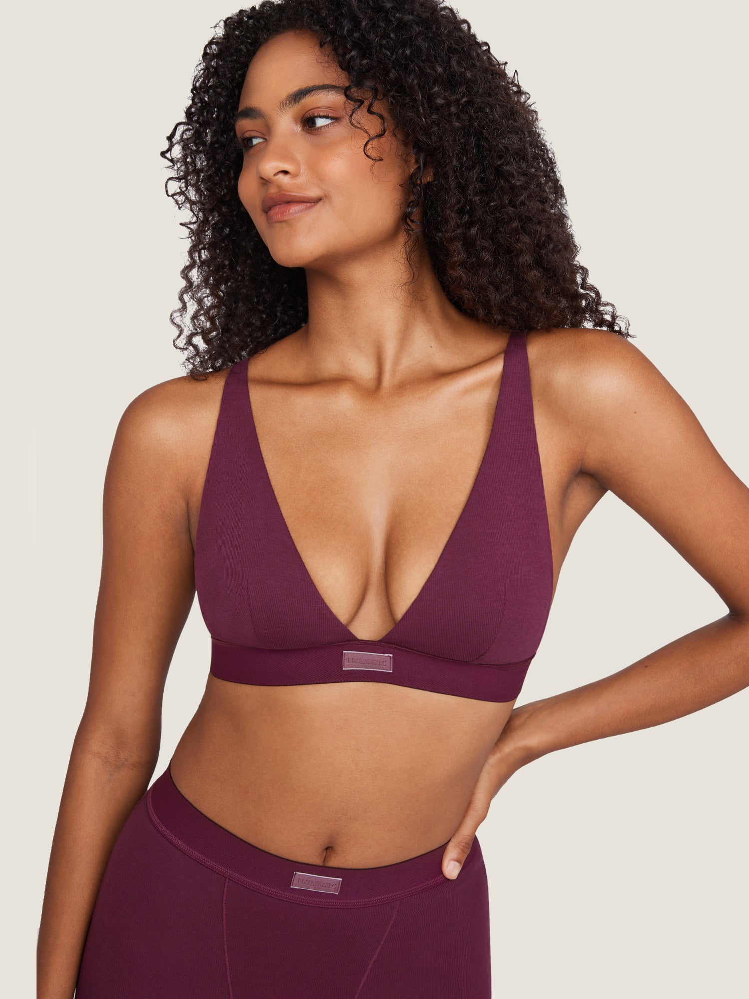 Cotton Ribbed Plunge Bralette Grape Wine