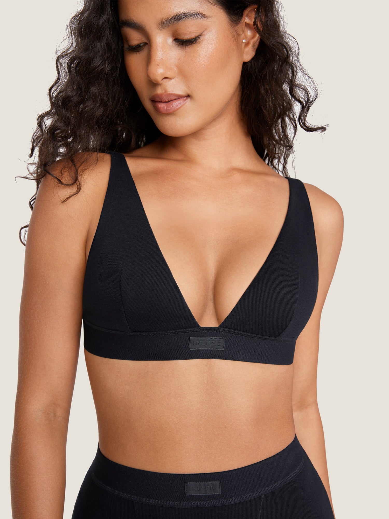 Cotton Ribbed Plunge Bralette Black