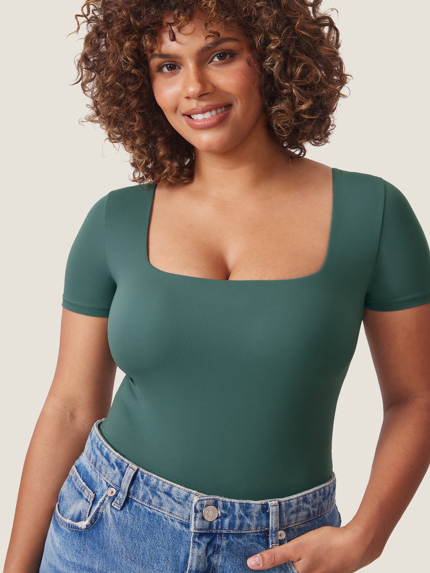 Inbarely® Square Neck Short Sleeve Bodysuit Midnight Emerald