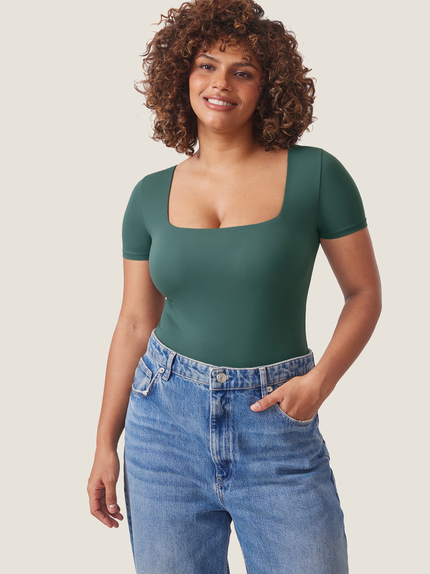 Inbarely® Square Neck Short Sleeve Bodysuit Midnight Emerald