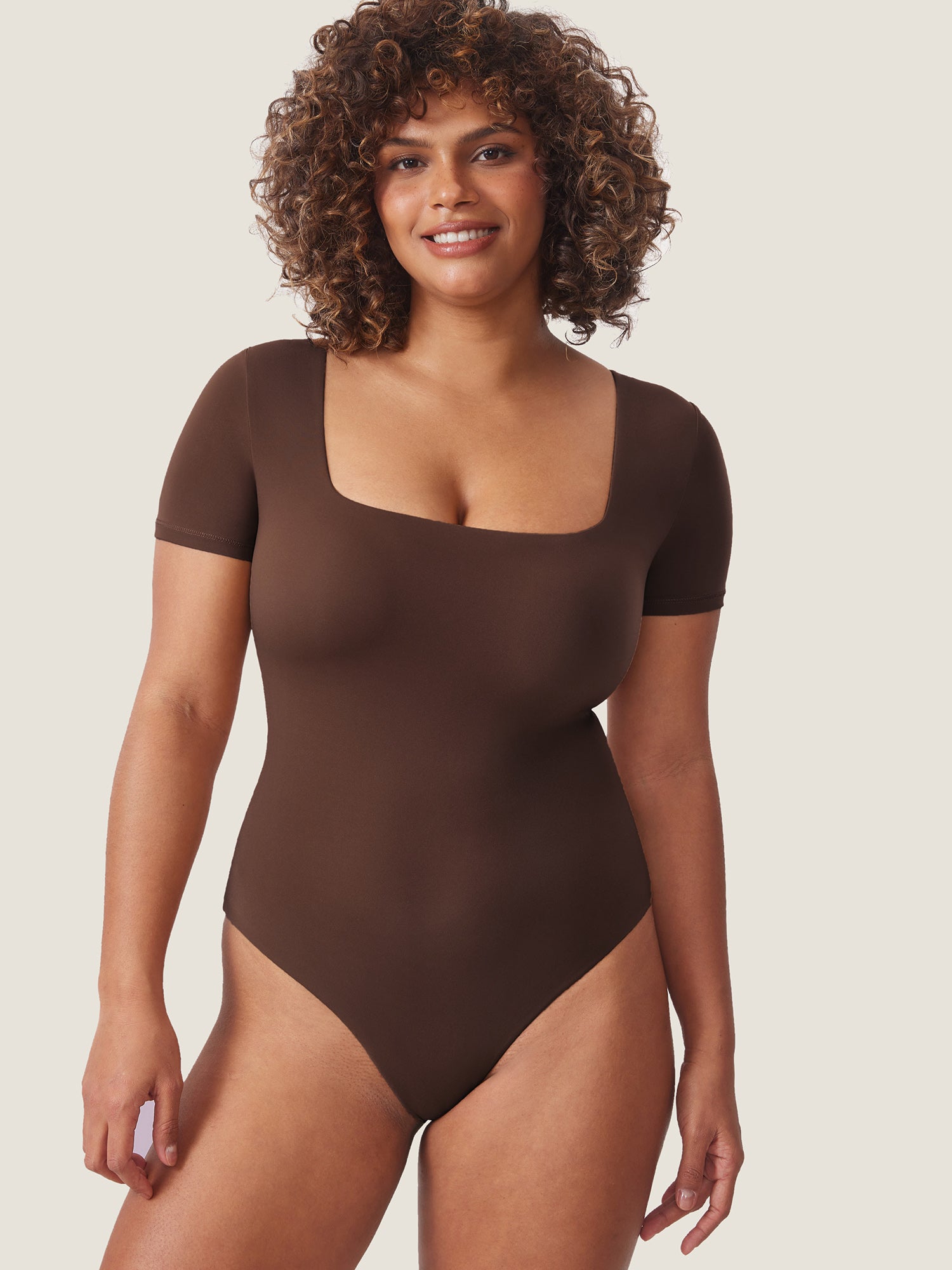 Inbarely® Square Neck Short Sleeve Bodysuit Hazelnut