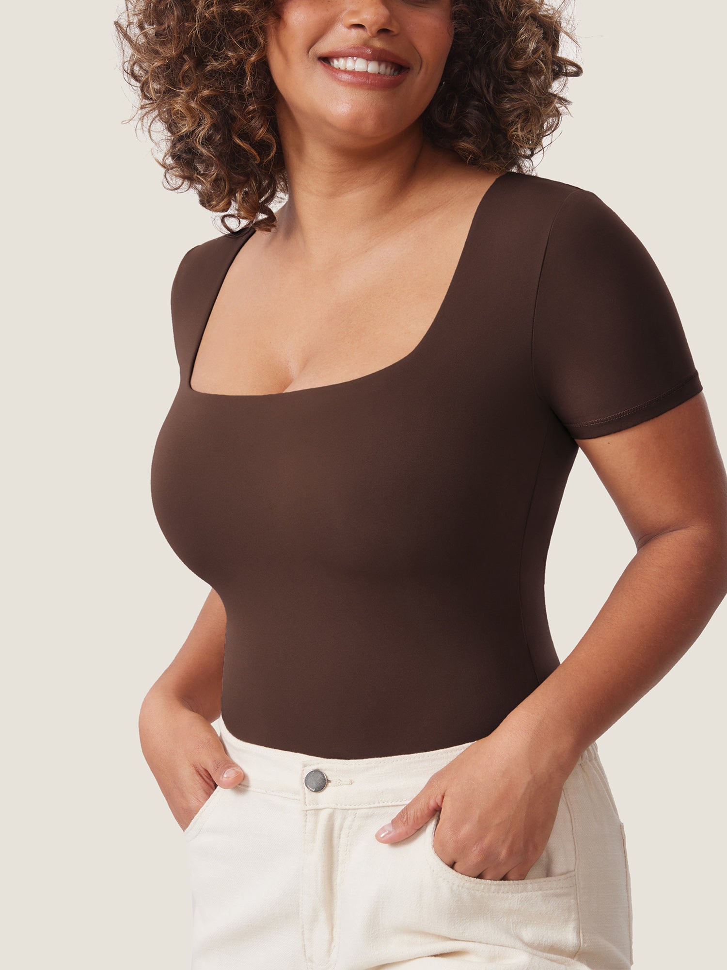 Inbarely® Square Neck Short Sleeve Bodysuit Hazelnut