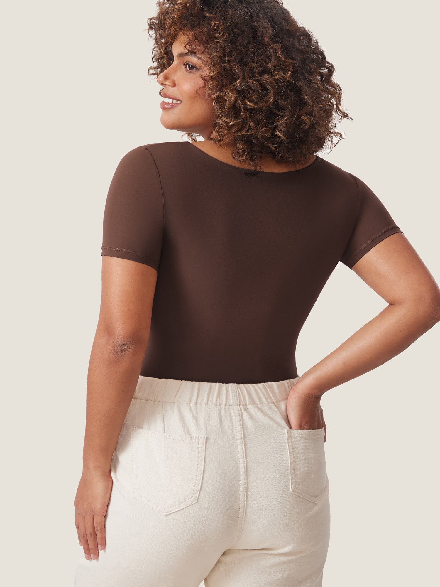 Inbarely® Square Neck Short Sleeve Bodysuit Hazelnut