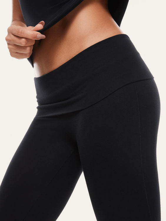 Basic Cotton Fold Over Flared Leggings Black