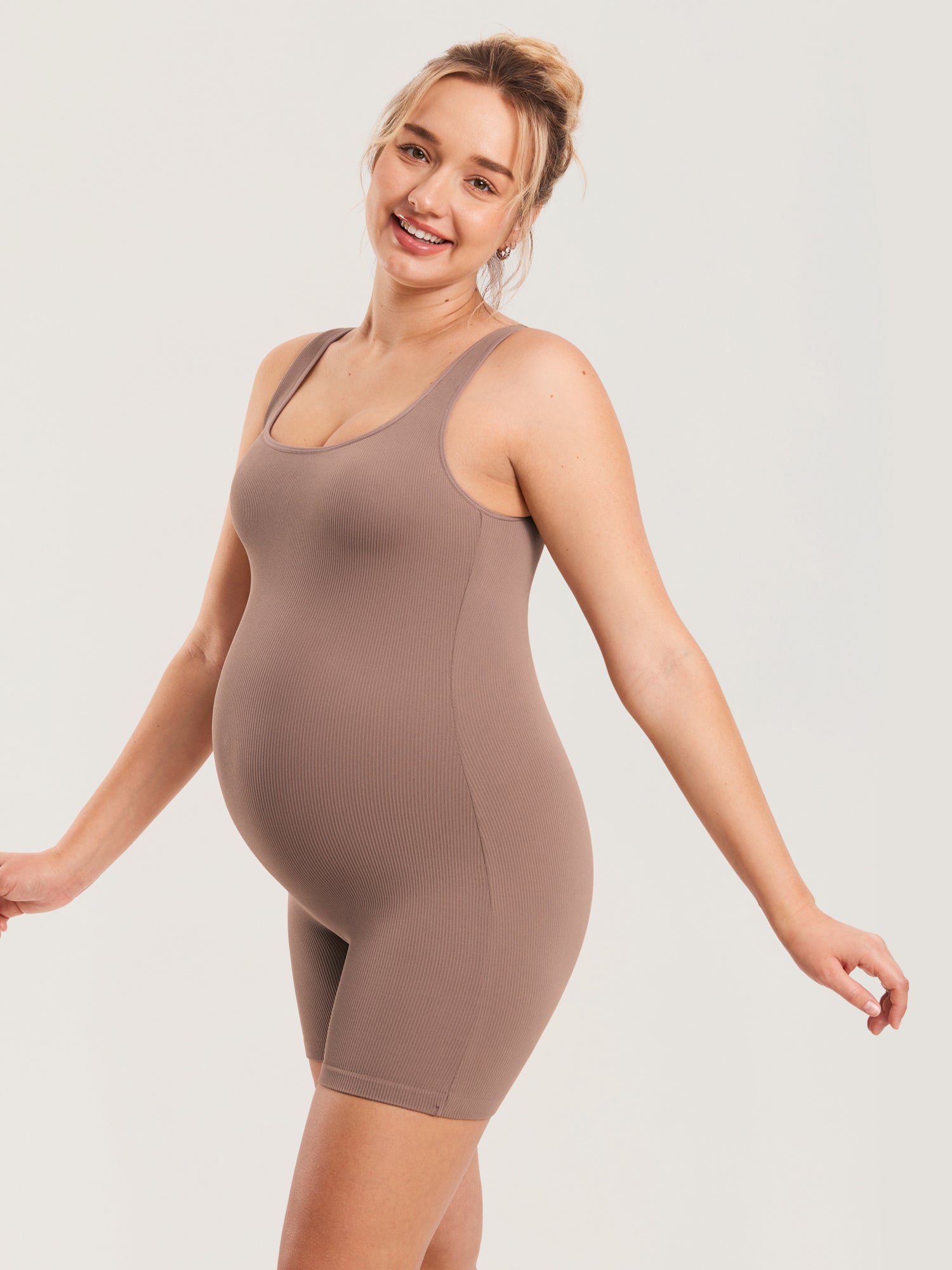 Ribbed Square Neck Maternity Romper Brown Purple