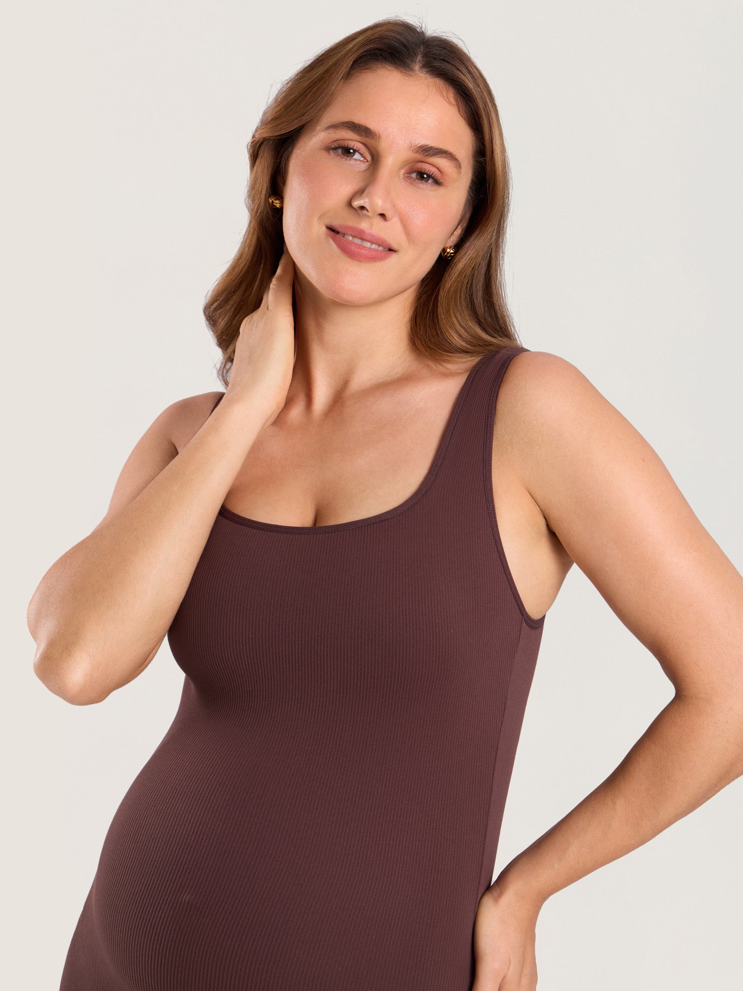 Ribbed Square Neck Maternity Romper Hazelnut