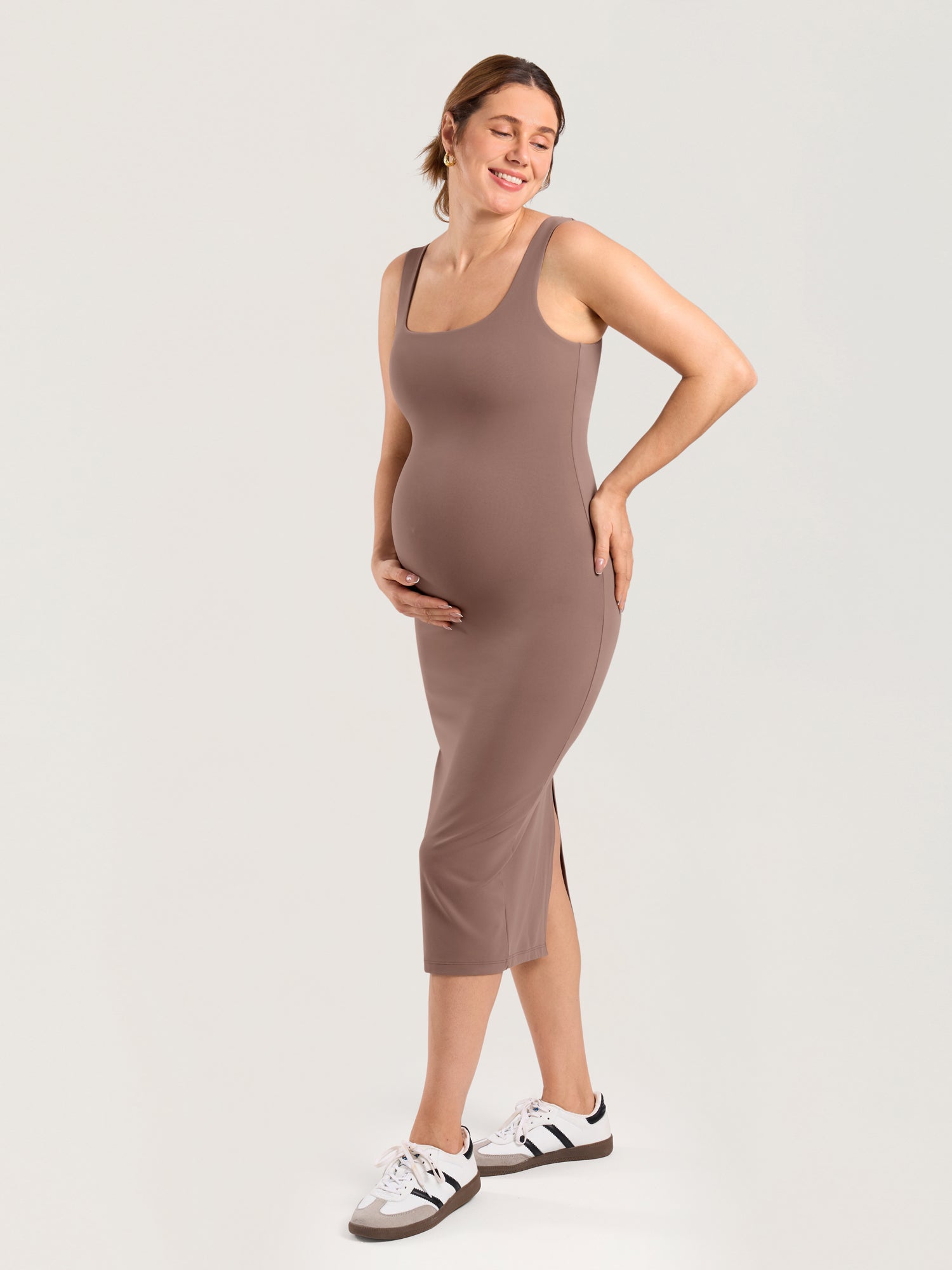 Natrelax® Bodycon Maternity Midi Dress - Back Slit Brown Purple